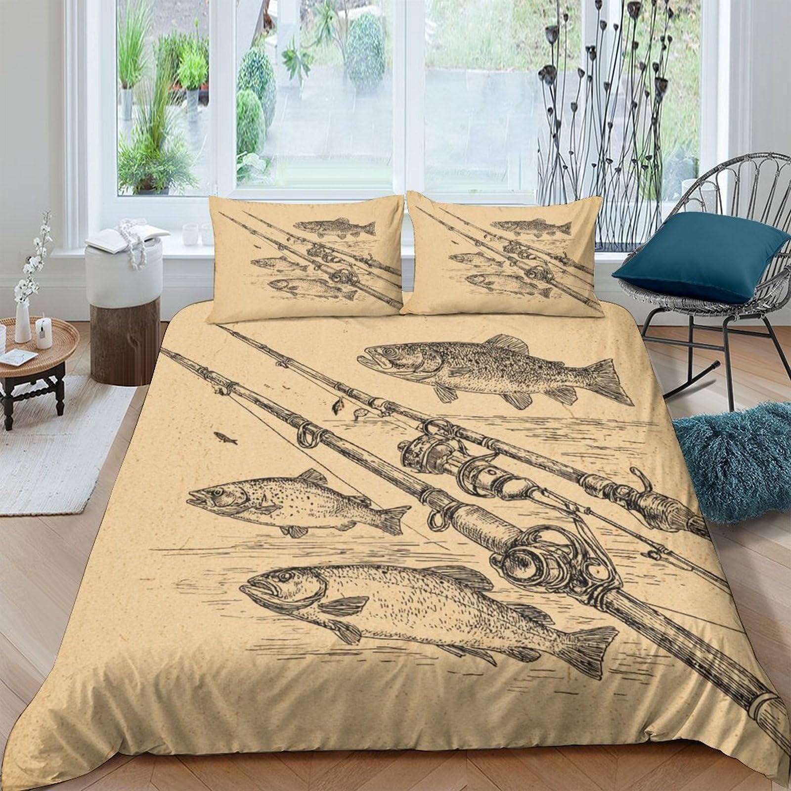 Ctjqhvkz Style-1 3D Printed Fishing Rod Fitted Sheet Microfiber Soft Breathable Fish Sketch Mattress Cover For Bedroom Dorm Mattress Protection Decor Single（135X200cm）