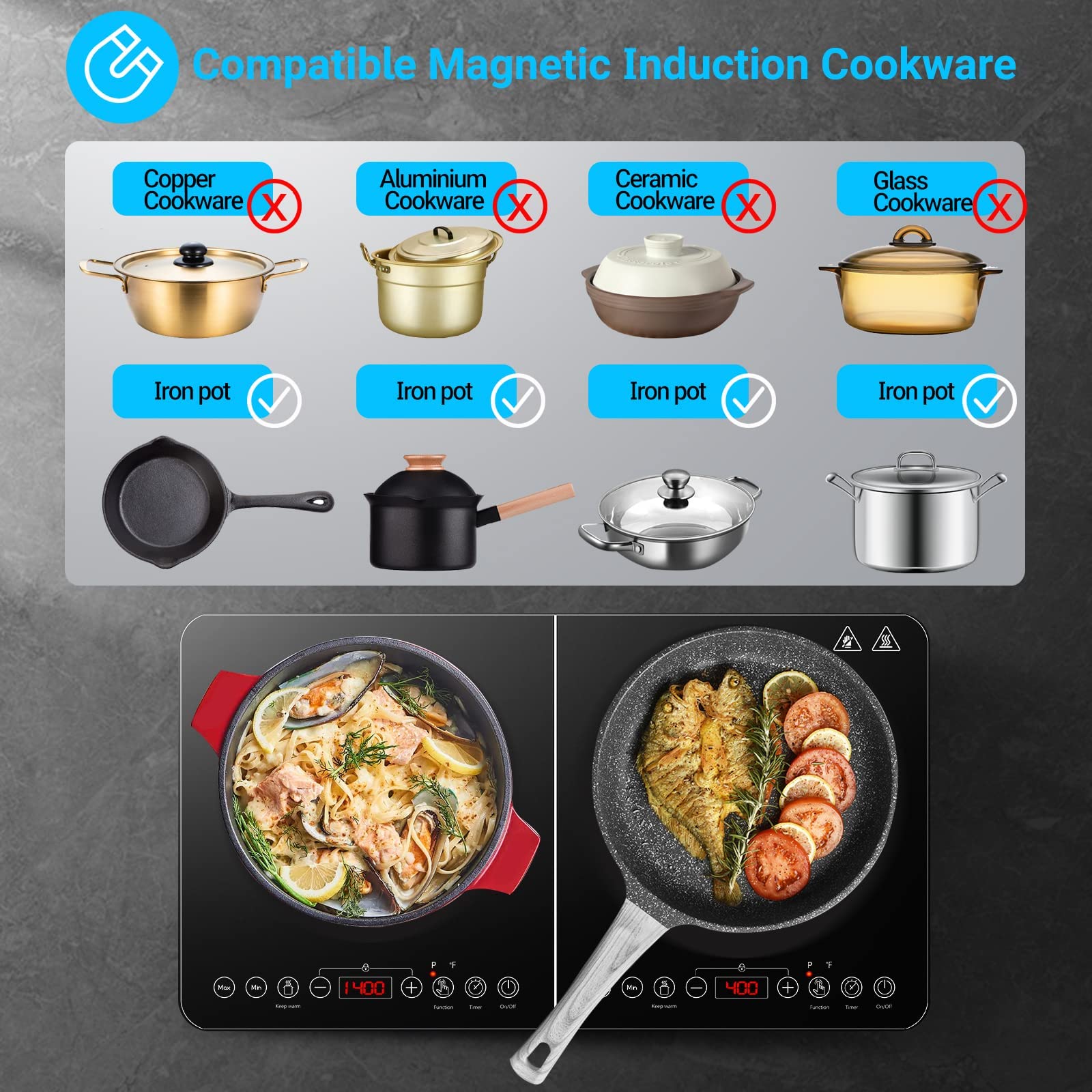 Aobosi Induction Plate 2 Burners, Induction Hob, Independent Control, 10 Temperature Levels and 6 Power Levels, Timer, Max and Min Button, Safety Lock, 3500W - 5
