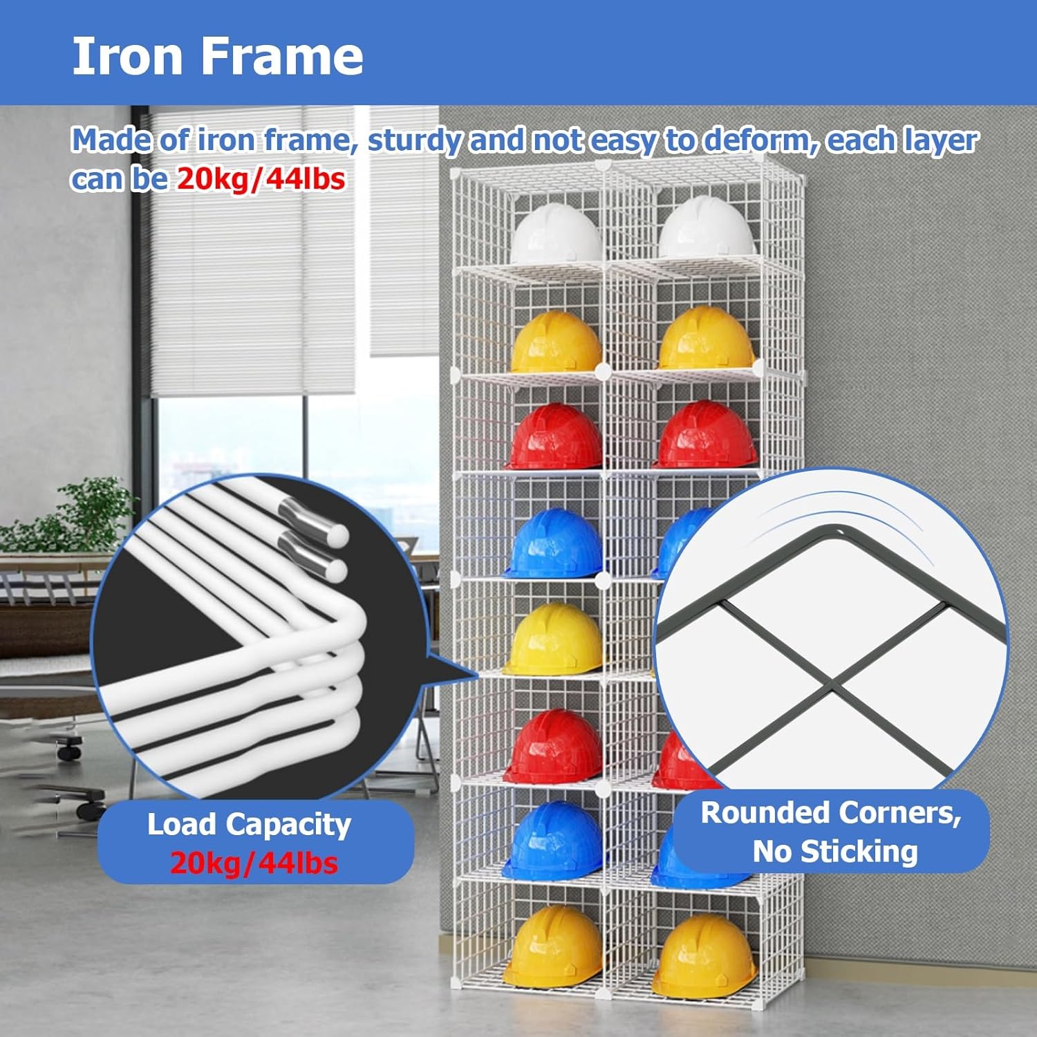 Adjustable Stackable Safety Helmet Storage Box with Wheels - Floor-Standing Display Shelf for Hard Hats, Ideal for Construction Sites, Garages, Workshops, Factories (6 Grids, 6 Layers)