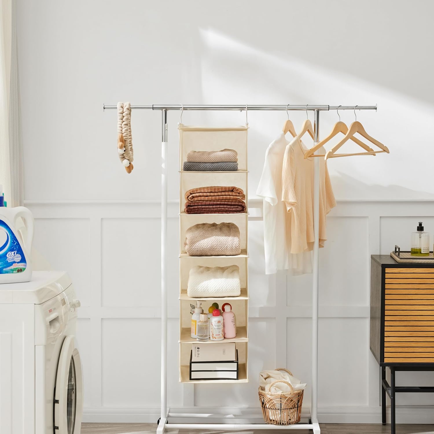 MAX Houser 6 Tier Shelf Hanging Closet Organizer, Cloth Hanging Shelf with 2 Sturdy Hooks for Storage, Foldable (Beige) - Image 7