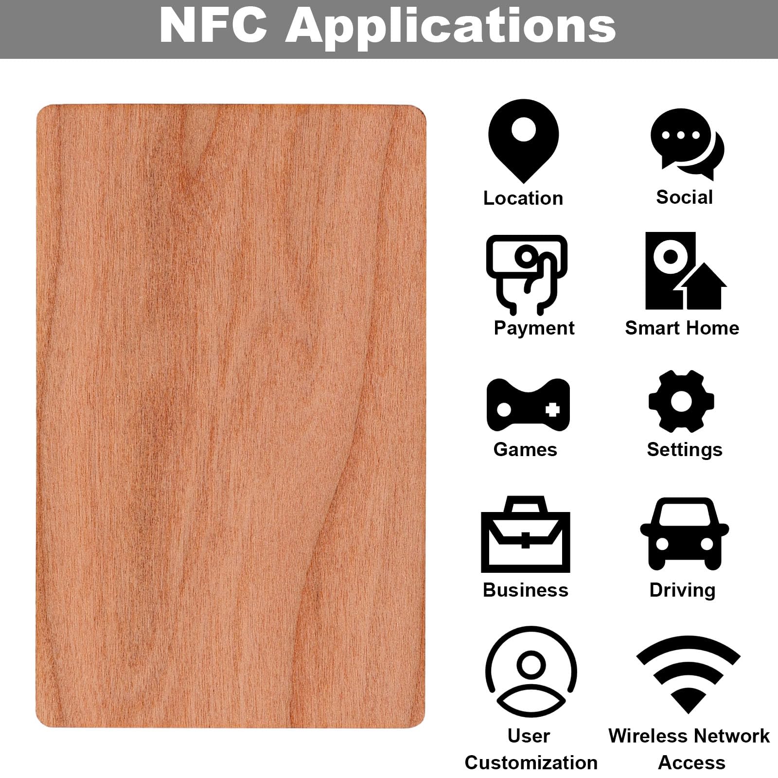 10 Drewnianych Kart NFC z Chipem Ntag215, Puste Programowalne Znaczniki do Personalizacji Kompatybilne ze Wszystkimi Smartfonami i Urządzeniami NFC do Personalizacji Wizytówek Cyfrowych
