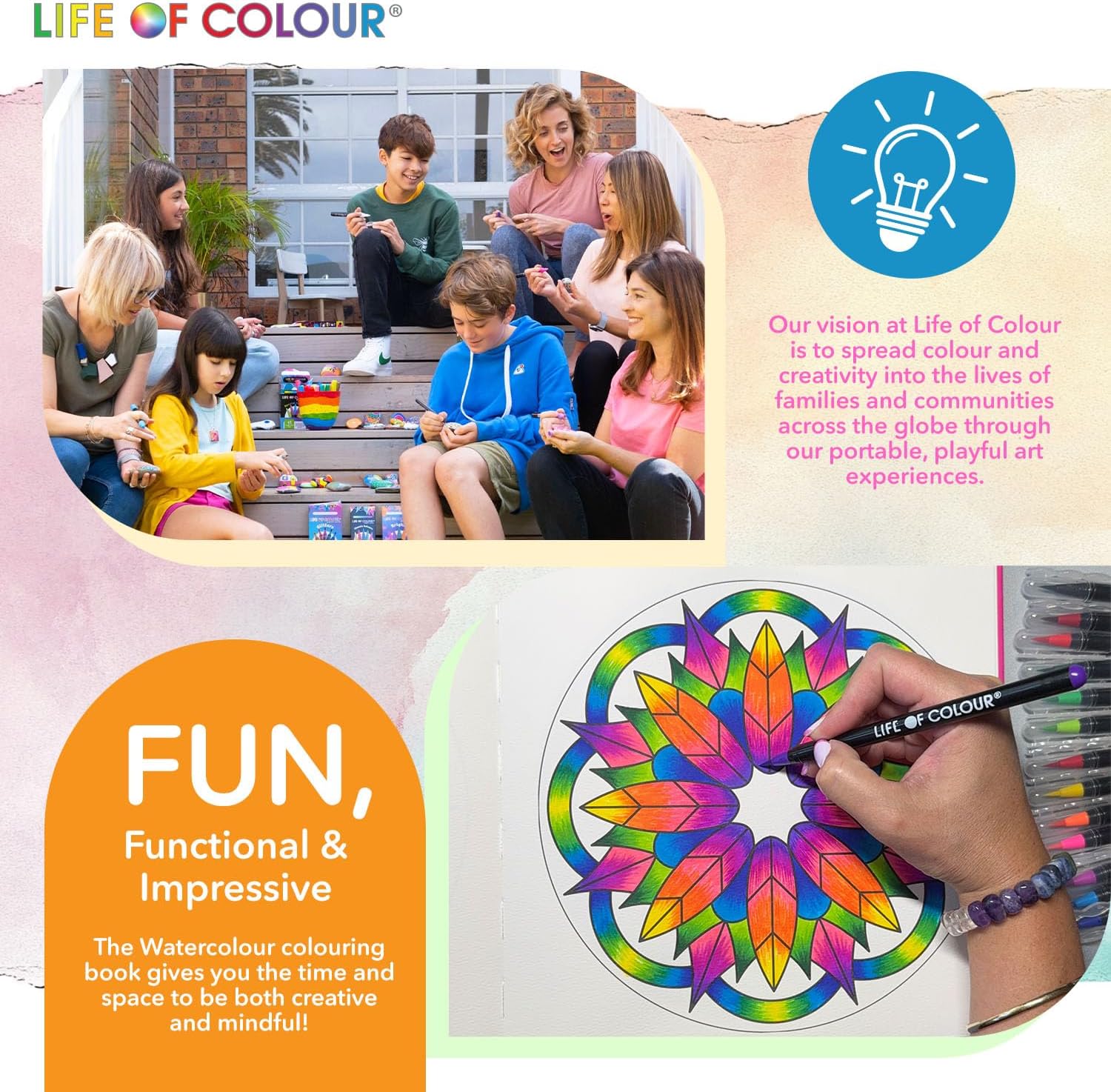 Life of Colour Watercolor Coloring Book – Volume 1, Includes 20 Watercolor Brush Pens + Refillable Water Brush — Watercolor Paint Set for Adults & Teens, Mindful Art and Watercolour Colouring Book Kit
