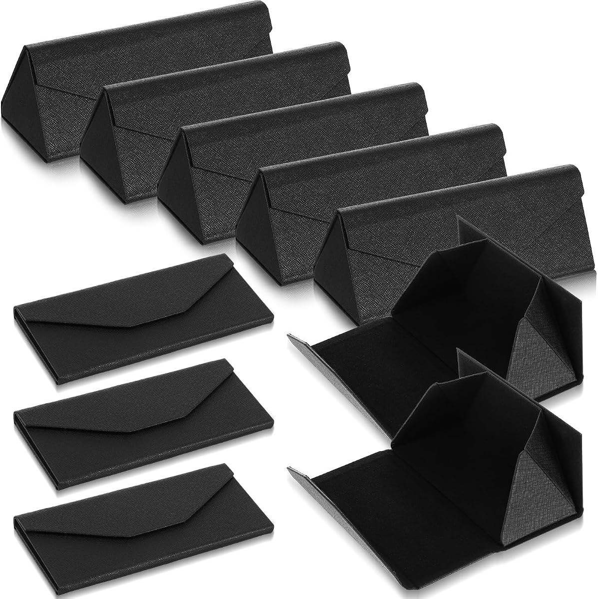10 Pack Foldable Glasses Case, Magnetic Hard Shell Sunglass Holder for Men & Women, PU Leather Triangle Eyeglass Case (Black)