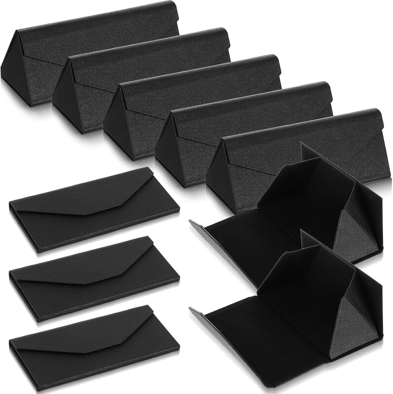 10 Pack Foldable Glasses Case, Magnetic Hard Shell Sunglass Holder for Men & Women, PU Leather Triangle Eyeglass Case (Black)