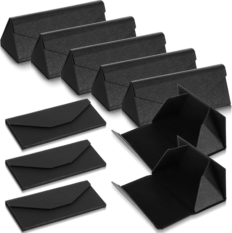 10 Pack Foldable Glasses Case, Magnetic Hard Shell Sunglass Holder for Men & Women, PU Leather Triangle Eyeglass Case (Black)