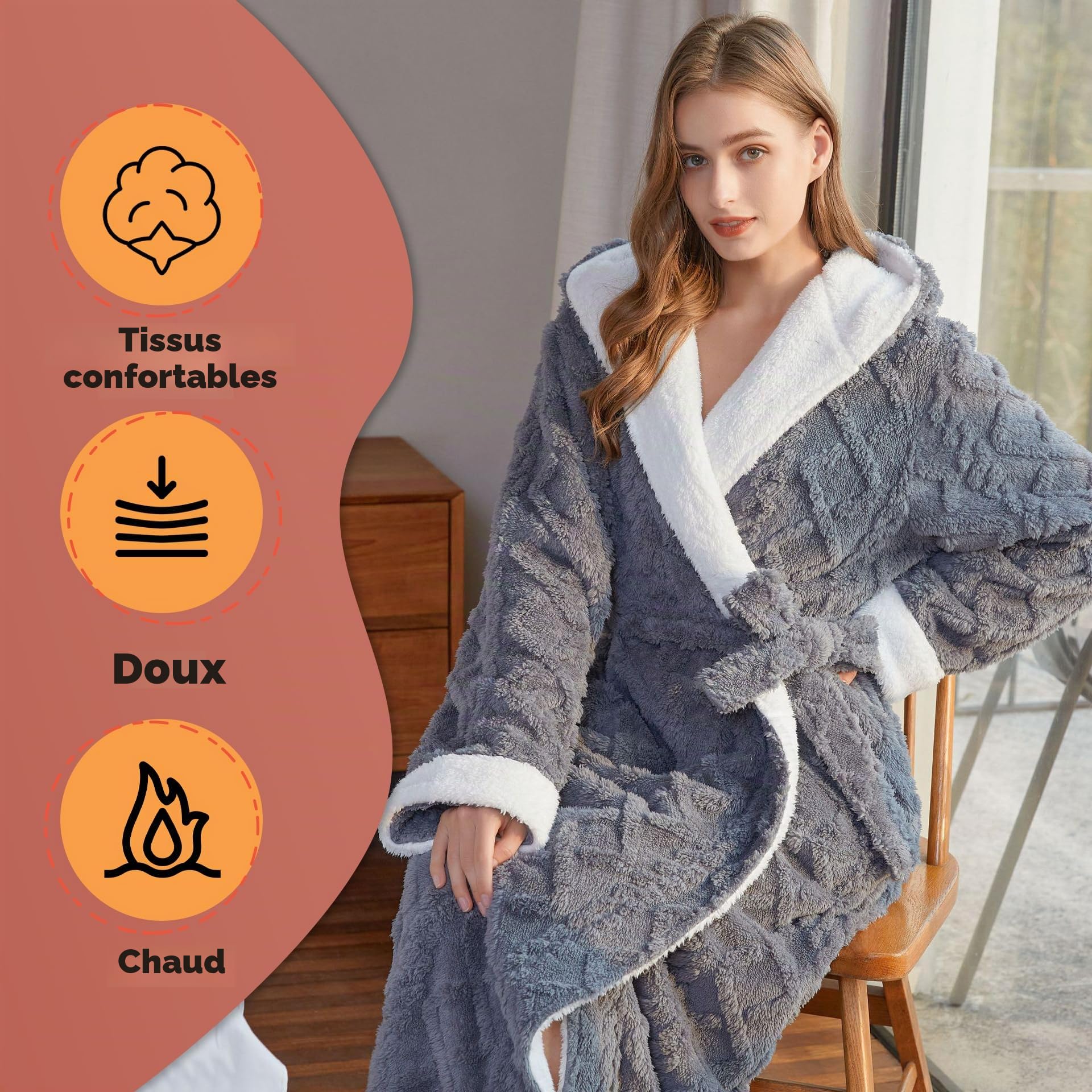 Oksun Peignoir long en polaire pour femme Peignoir à capuche en jacquard doux et moelleux
