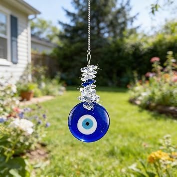YU FENG Blue Evil Eye Crystal Suncatcher Good Luck Charm Hanging Ornament | 4.5 Inch Glass Evil Eye Design, Crystal Beads Detail, Reflects Colorful Light, Window Home Car Decor, Meaningful Gift