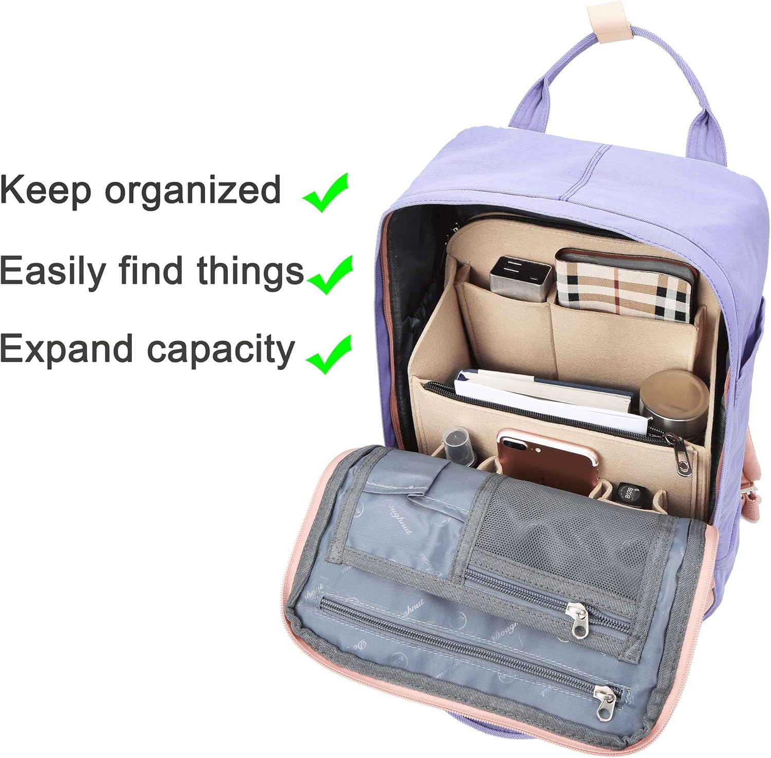 Yoillione Felt Backpack Organizer Insert for Women and Men, Large Travel Rucksack Insert with High Capacity, Lightweight Bag Organizer with Zipper Pockets - Image 6