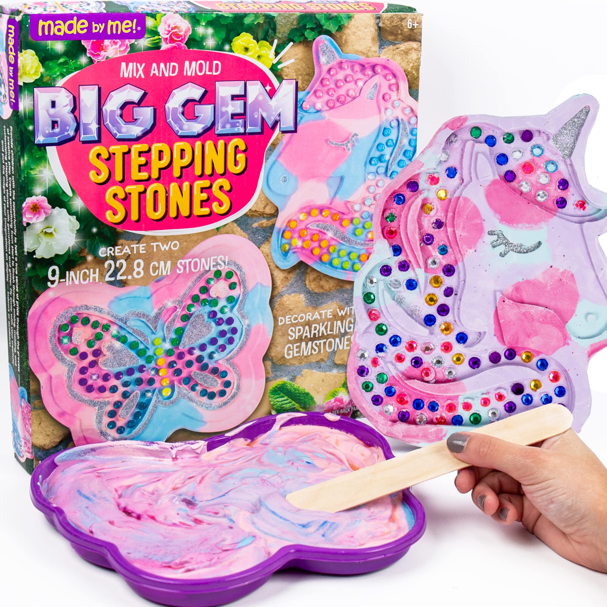 Made By Me Mix & Mold Big Gem Stepping Stones Kit - Create Two 9" Stepping Stones, Ages 6-10, Birthday Party & Spring/Summer Craft Activity