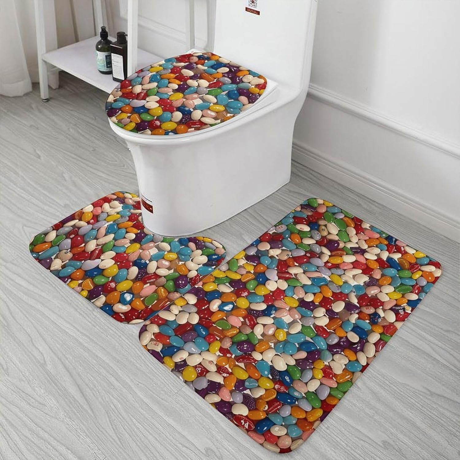 Anti-Skid Floor Mats 3 Piece Set,Assorted Jelly Beans Printed Coral Fleece Bathroom Mats U-Shaped Contour Mat Toilet Seat Cover for Bathroom, Tub, Shower, Kitchen 19.7"x31.5"