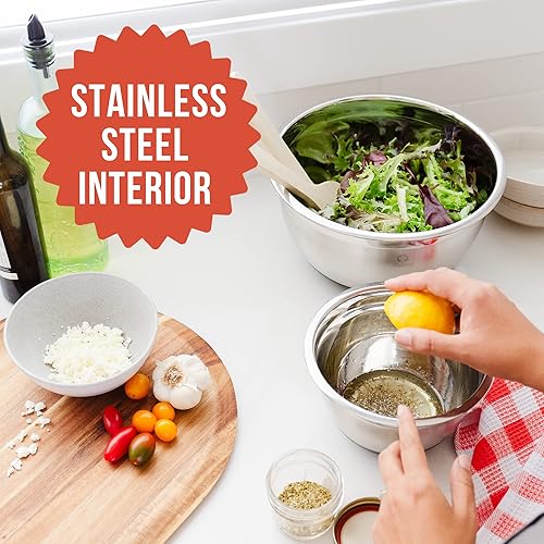 Miniatura 2 de Chef Pomodoro Juego de cuencos para mezclar de acero inoxidable, cuencos de metal con tapas, base de silicona antideslizante, cuencos anidables, 3