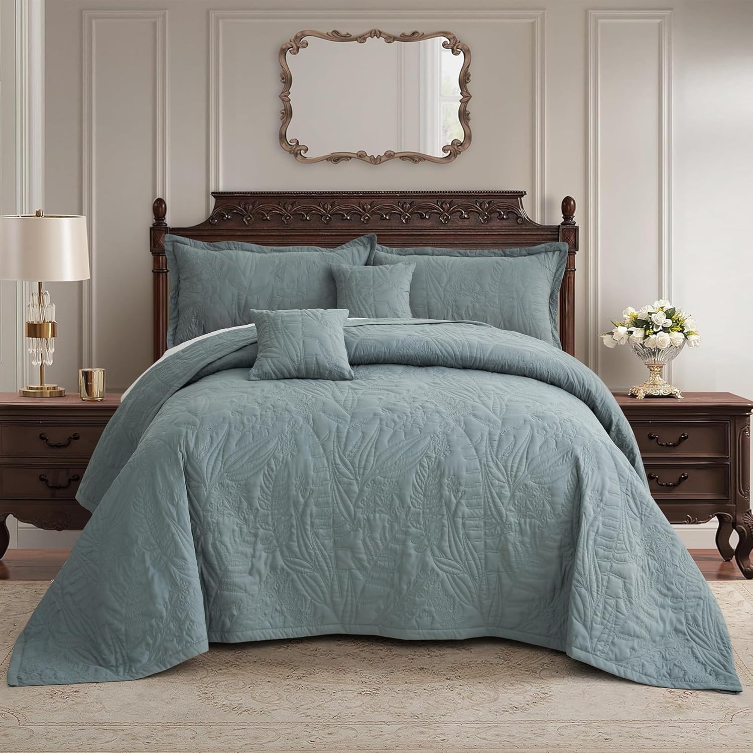 HZ & HY Botanical Oversized King Bedspread 128x120 Extra Wide, Leaves Pattern Stitching Quilt Set, Elegant & Fresh Style Bedding Cover, Reversible, Lightweight 5 Piece Set, Grey