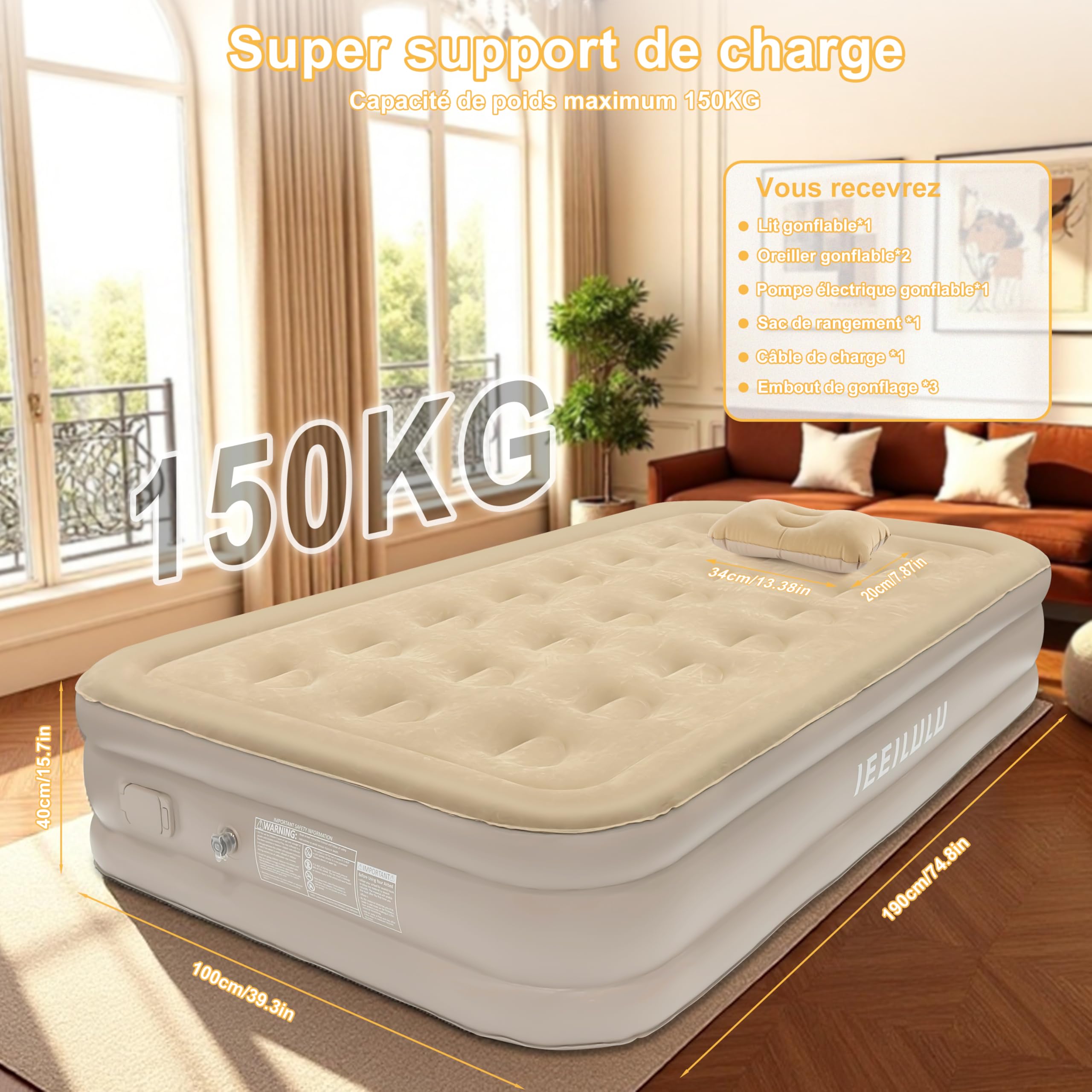IEEILULU Lit Gonflable 1 Place, Matelas Gonflable 1 Personne avec Pompe Électrique, Oreiller et Fonction Veilleuse, Gonflage Rapide, Confortable et Durable, pour Le Camping ou la Maison