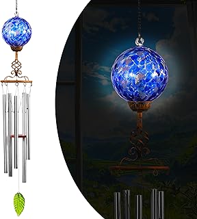 Wind Chimes, Solar LED Outdoor Garden Lighting, Dark Blue Glass and Metal Wind Chime Lawn and Yard Decoration with Bronze Metal Finial, 5 x 46.5 Inch