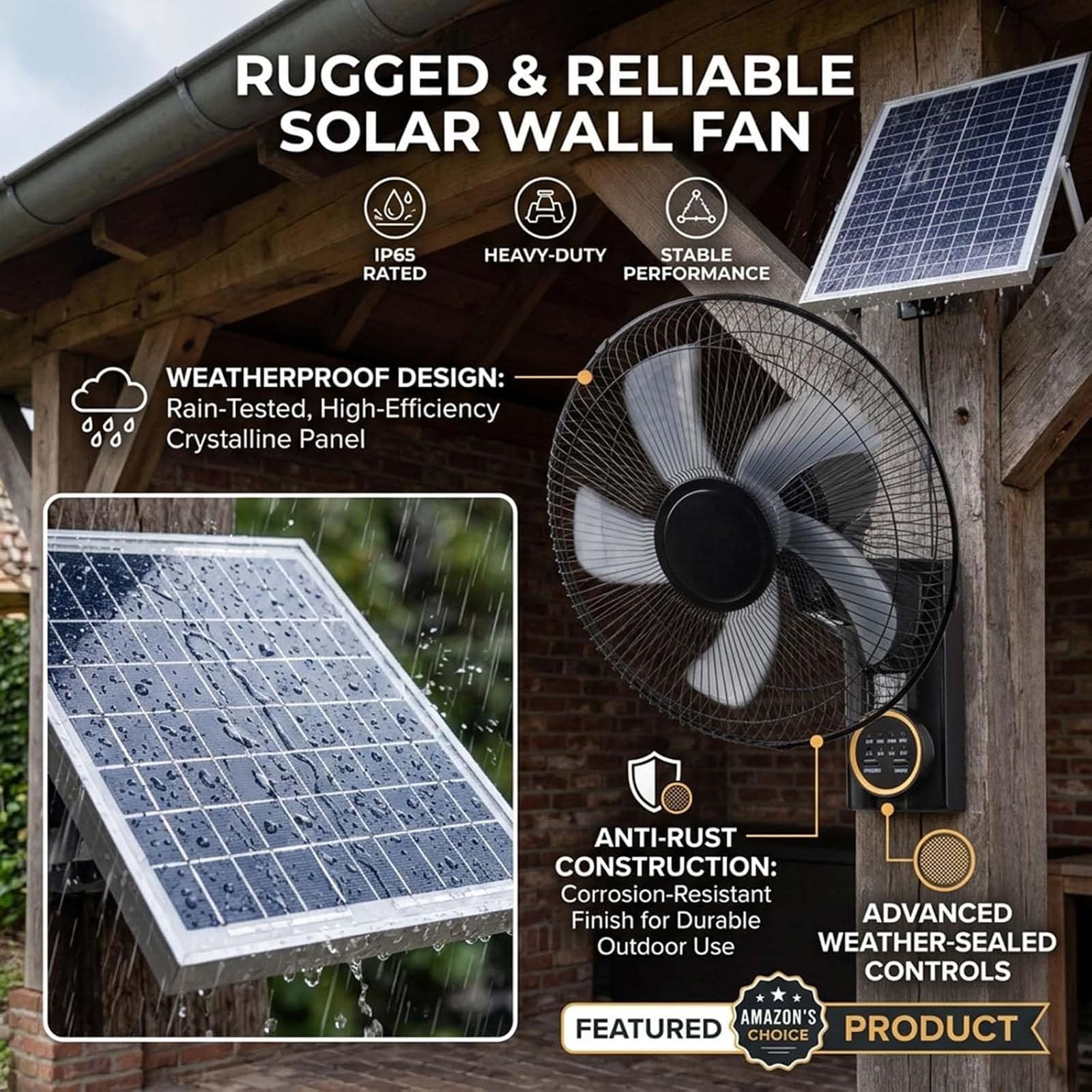 Ventilador solar de pared con mando a distancia, diseño oscilante, 5 aspas, 3 velocidades, inclinación ajustable de 90°, ideal para espacios al aire libre, garaje y gimnasio