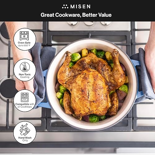 Miniatura 6 de Misen Parrilla para horno holandés 7QT con tapa de silicona, revestimiento de esmalte premium, asas dobles y anchas, base grande duradera,