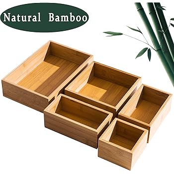 5 Piece Bamboo Drawer Organizer Set, Luxury Wooden Desk Storage Box Kit, Multi-use Junk Drawer Organizer for Office, Kitchen, Bedroom, Children Room, Craft, Sewing