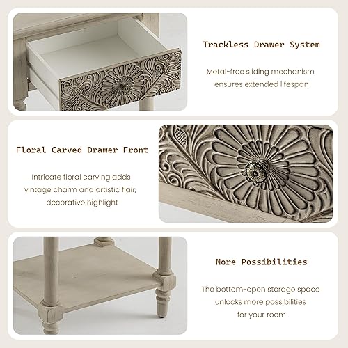 Miniatura 48 de SUNBURY Mesa auxiliar para sala de estar, mesa auxiliar pequeña con 3 cajones, mesita de noche vintage, elegante mesita de noche pequeña para