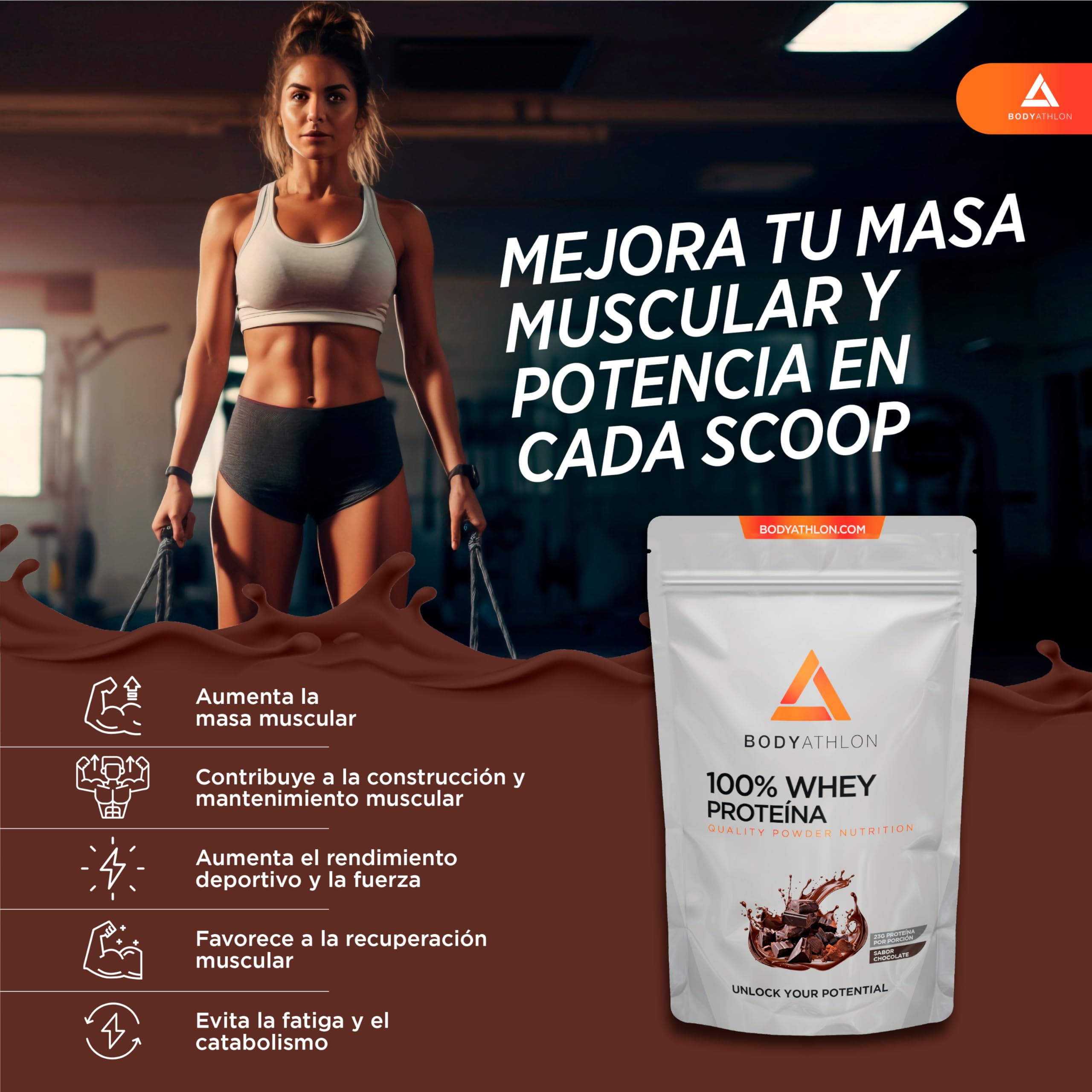 100% Whey Protein – Proteina en Polvo para Ganar Masa Muscular– de Suero de Leche- Protein Masa Muscular - Proteina sin Azucar Sin lecitina de soja- Bodyathlon (2kg, Chocolate)