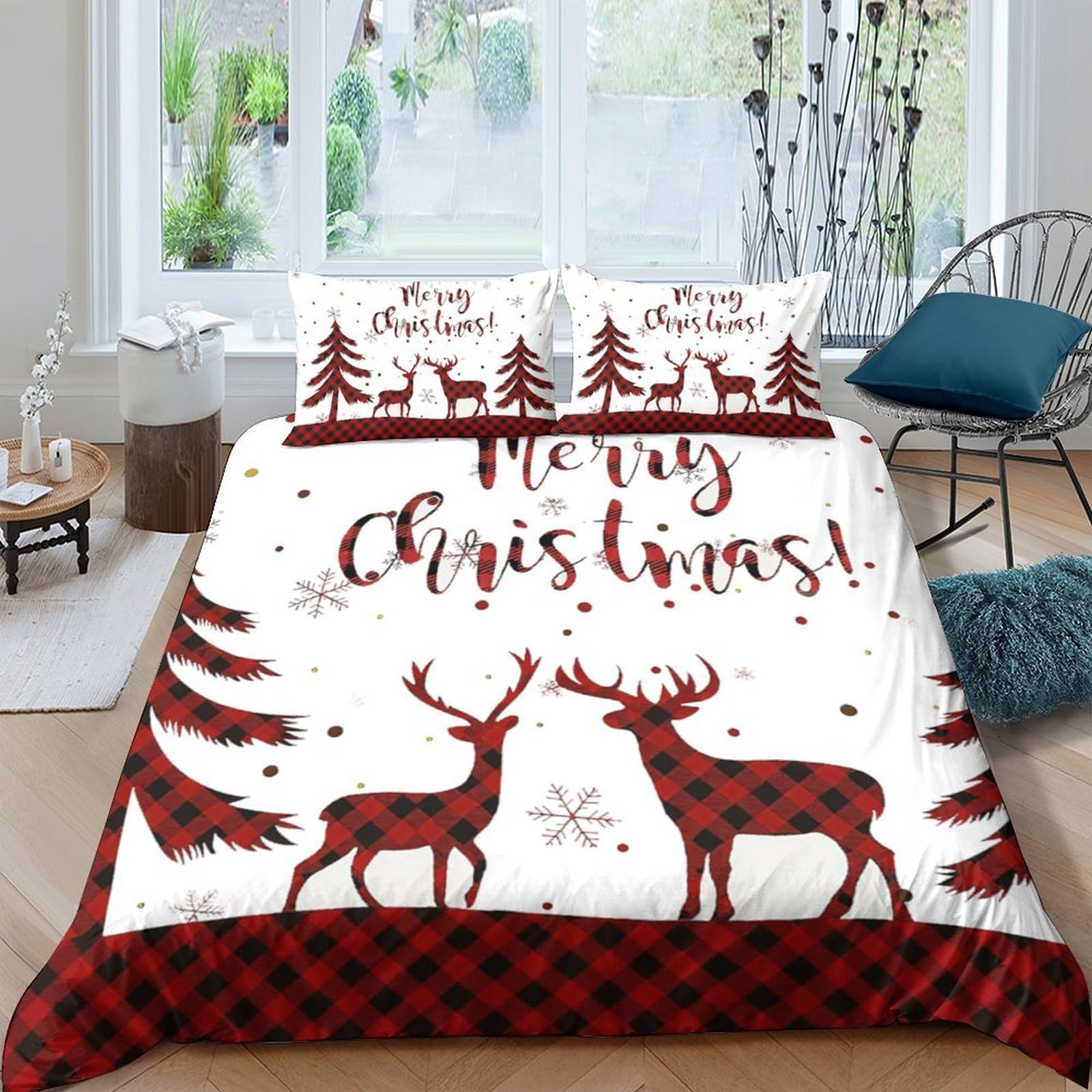 Ctjqhvkz Style-6 3D Printed Christmas Reindeer Fitted Sheet Microfiber Soft Red Plaid Bed Cover For Bedroom Guest Room Decor Single（135X200cm）