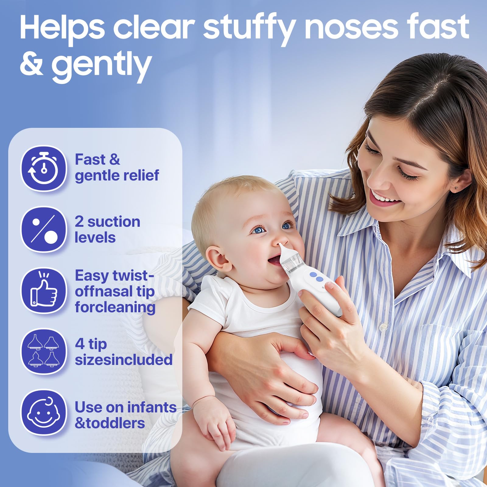 Nasal Aspirator for Baby, Blocked Nose Relief, Electric Baby Nose Sucker with Larger Suction Chamber and More Powerful Suction with 4 Silicone Tips Suitable for Newborns and Babies White - 2