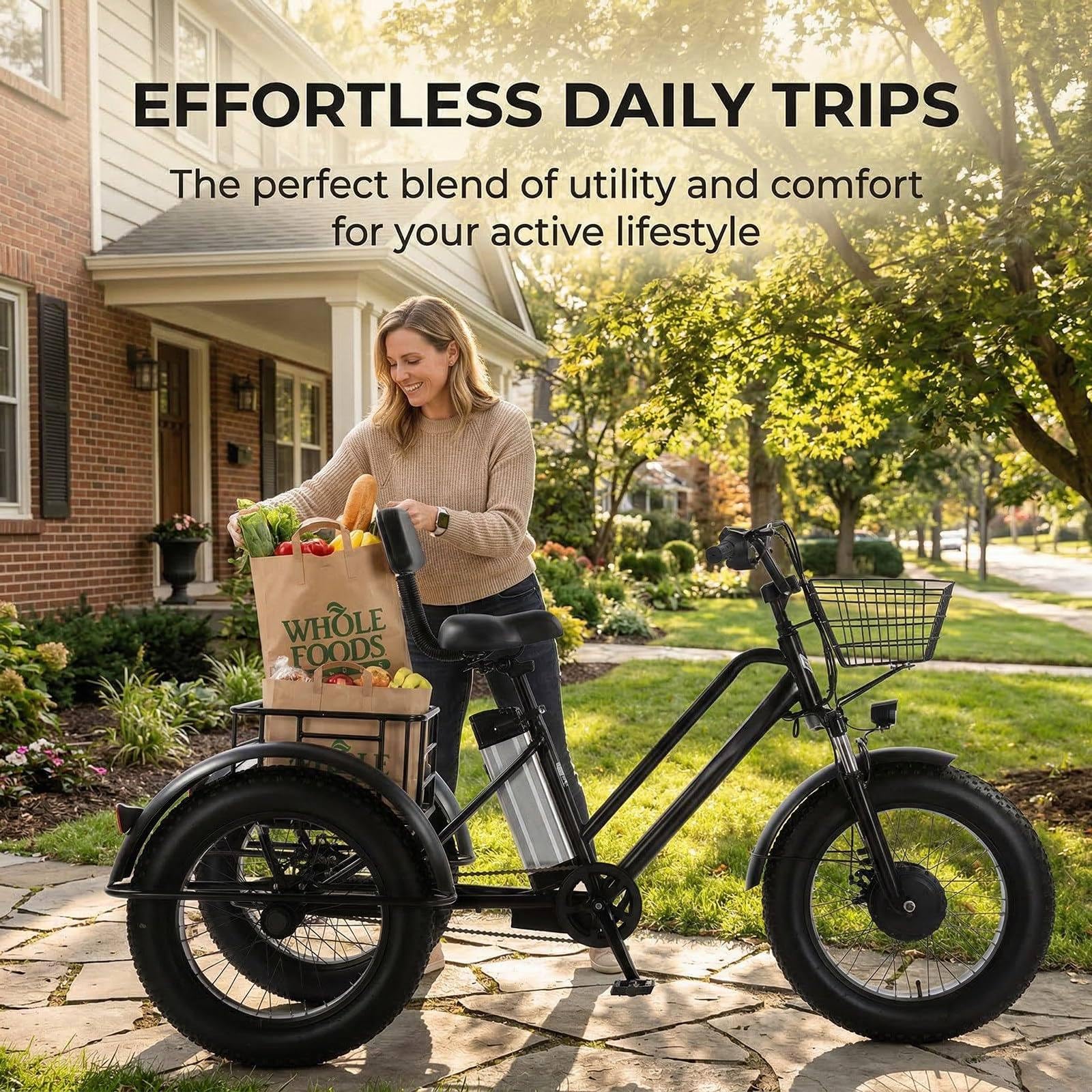 Tricycle électrique Pour Adultes - Charge 200 Kg, Vélo Cargo électrique à Pneus Larges De 20'' , Batterie Amovible 48 V/12 Ah - Autonomie 35 Km, Pour Les Trajets Domicile-Travail Et Les Voyages