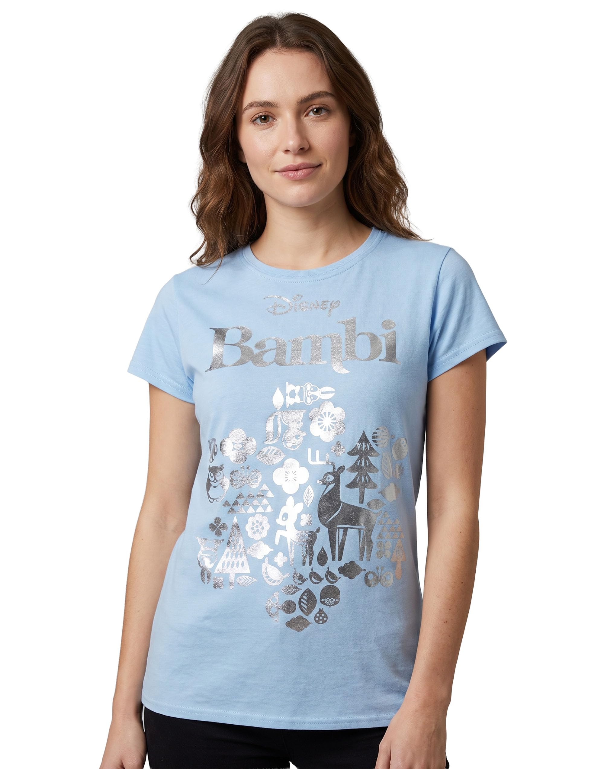 Disney Women's Pale Blue Bambi Silver Foil T-Shirt