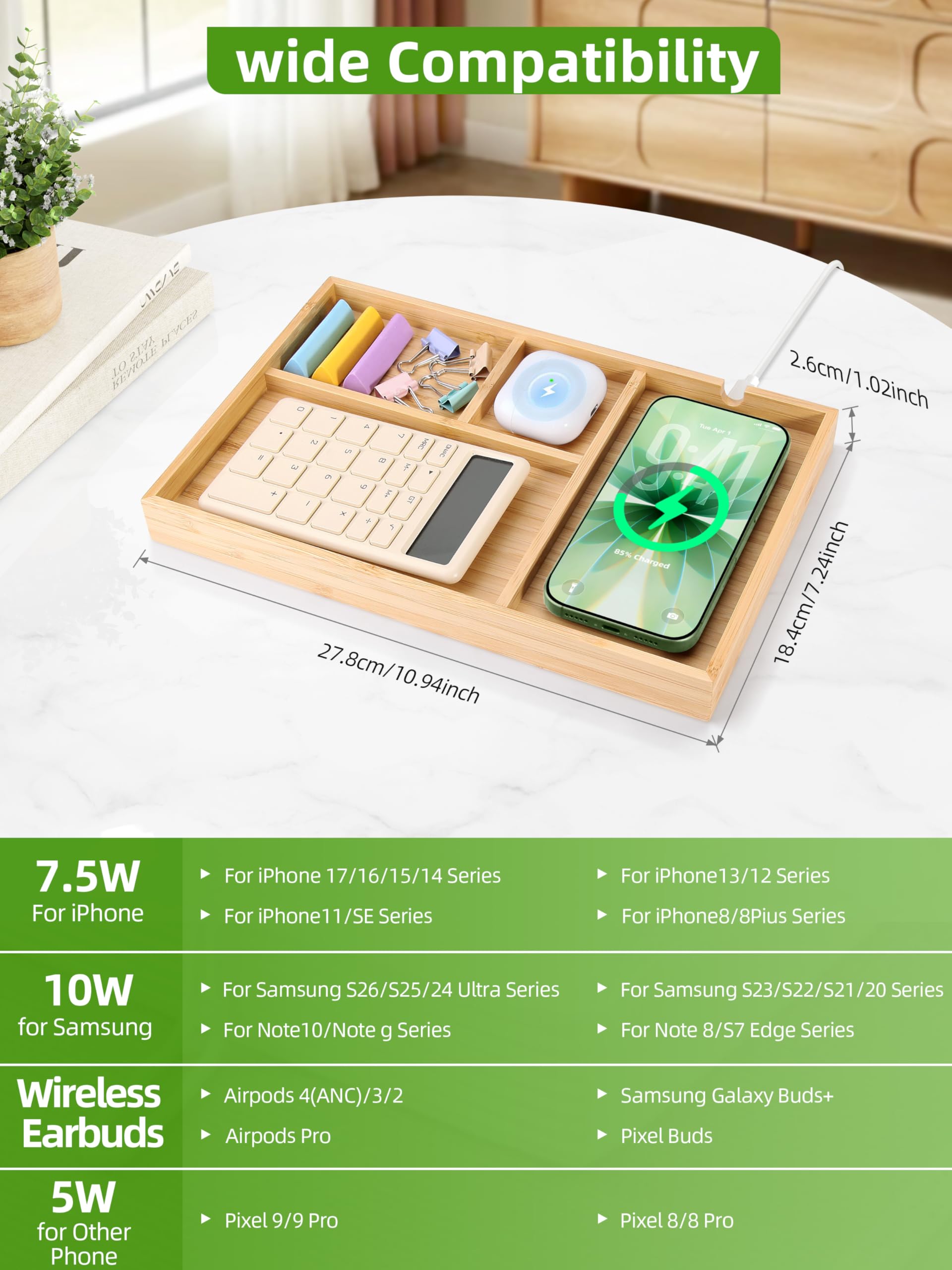 Bambus-Tablett und Nachttisch-Organizer mit 2-in-1 kabellosem Ladegerät für iPhone, Samsung und AirPods, Schreibtischzubehör für Männer/Frauen