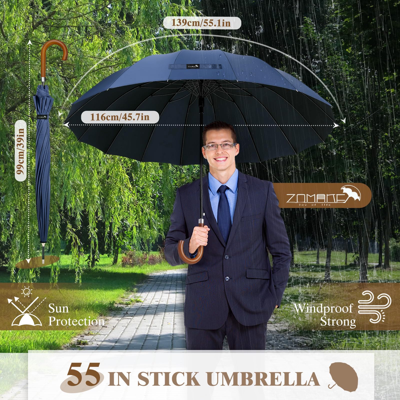ZOMAKE Ombrello Pioggia 55 Pollici,Ombrello Classico Automatico Antivento 16 Costole, Ombrello Golf Grande XXL Robusto Con Manico In Legno Uomo Donna