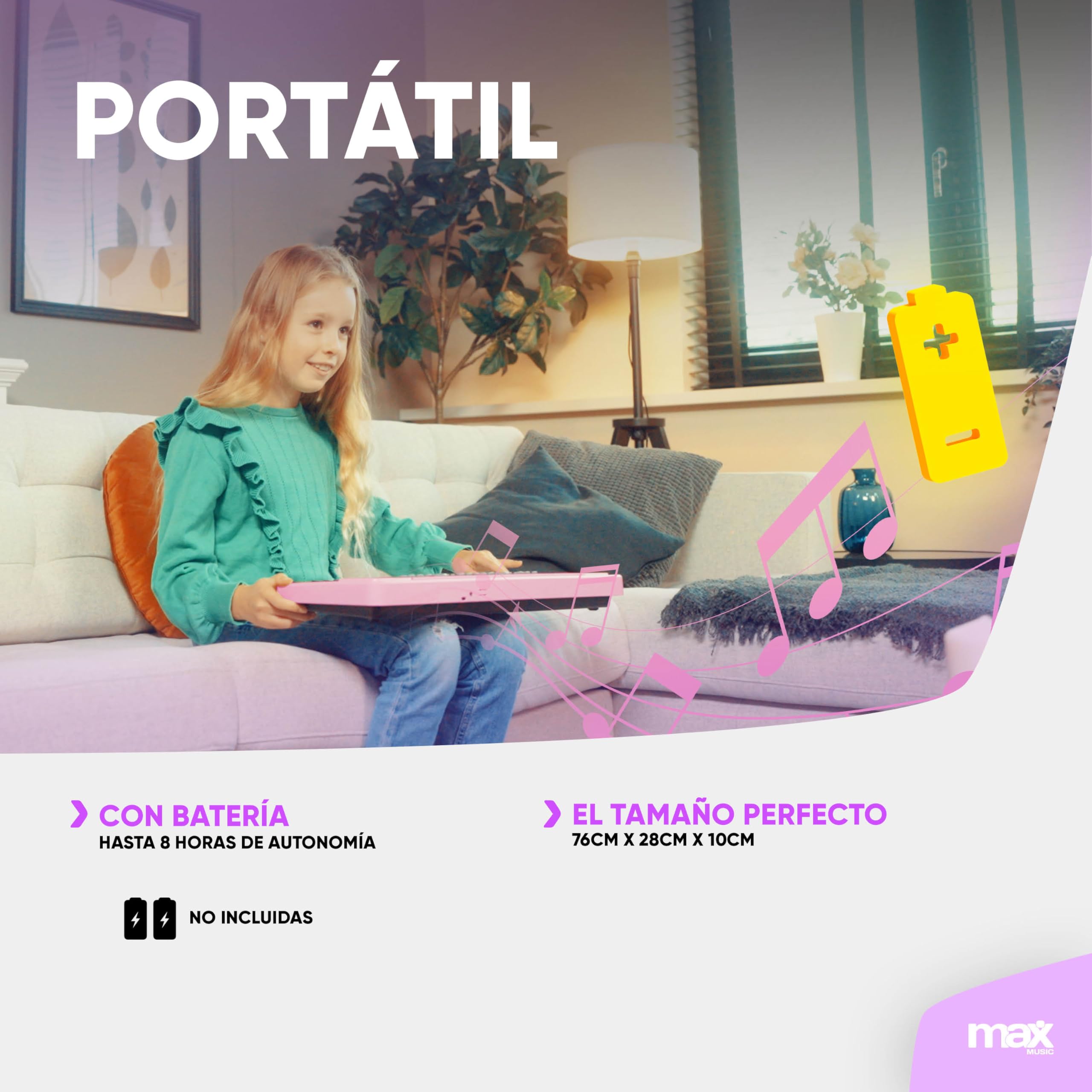 MAX KD54 – Teclado piano 54 teclas con micrófono, batería recargable y altavoces estéreo – Piano digital infantil para principiantes, niñas y niños – Teclado musical portátil – Color rosa