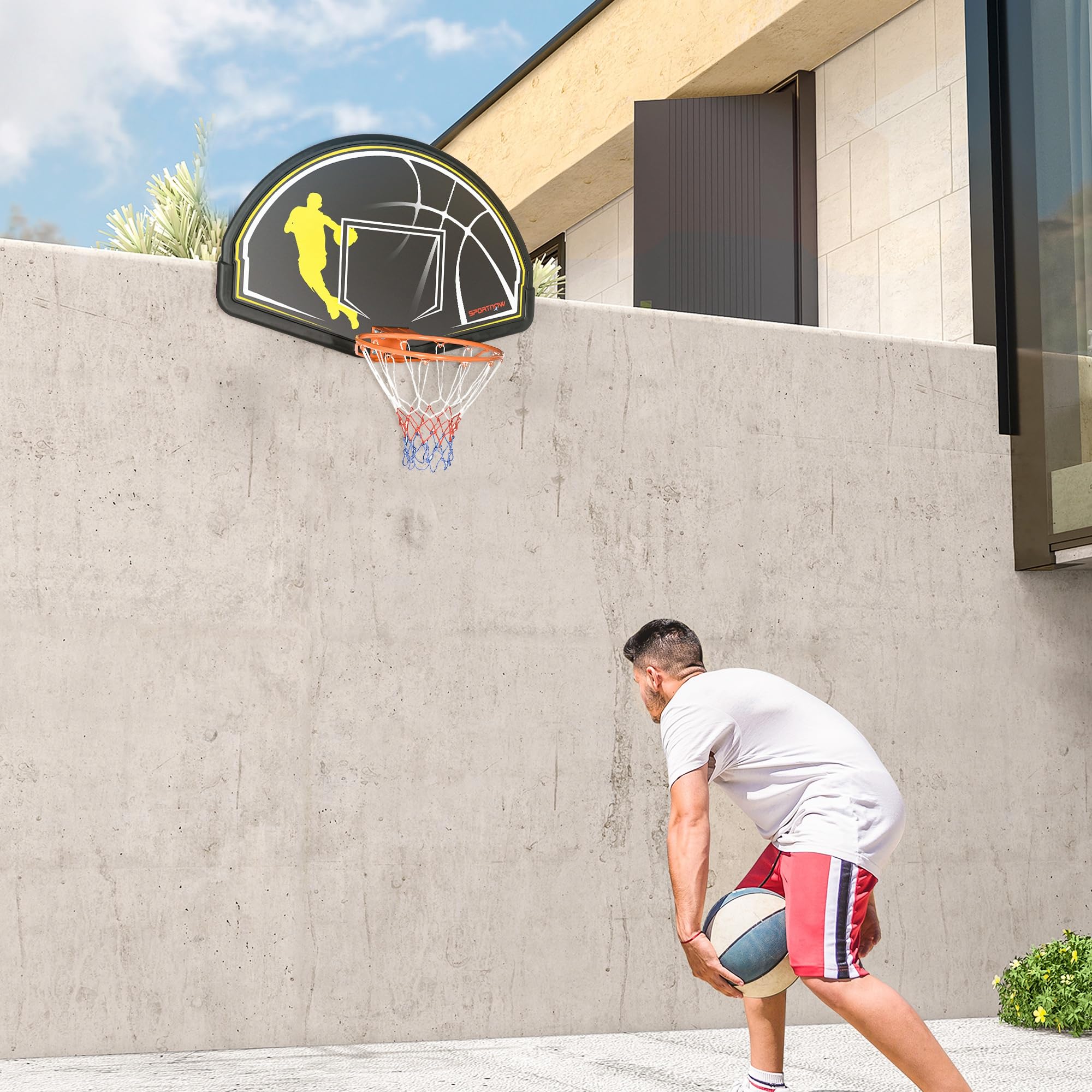 SPORTNOW Canasta de Baloncesto de Pared para Interior y Exterior - Tablero y Aro 110x90x70 cm Negro y Amarillo