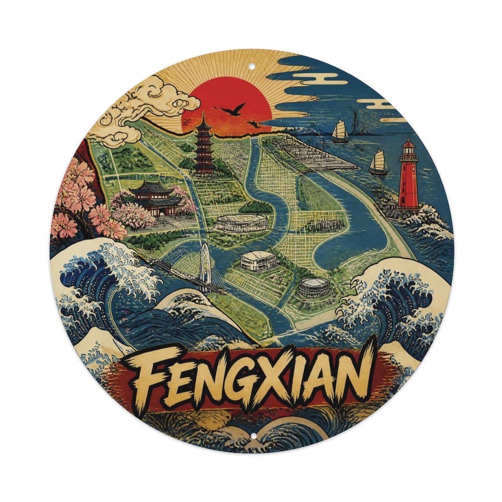 Okngb Style Fengxian District Shanghai Travel Map Landmark Route Metal Tin Sign Plaque Wall Decor For Cafe, Man Cave, Club Bar, Office, Home Garden Round Metal Poster 8X8inch