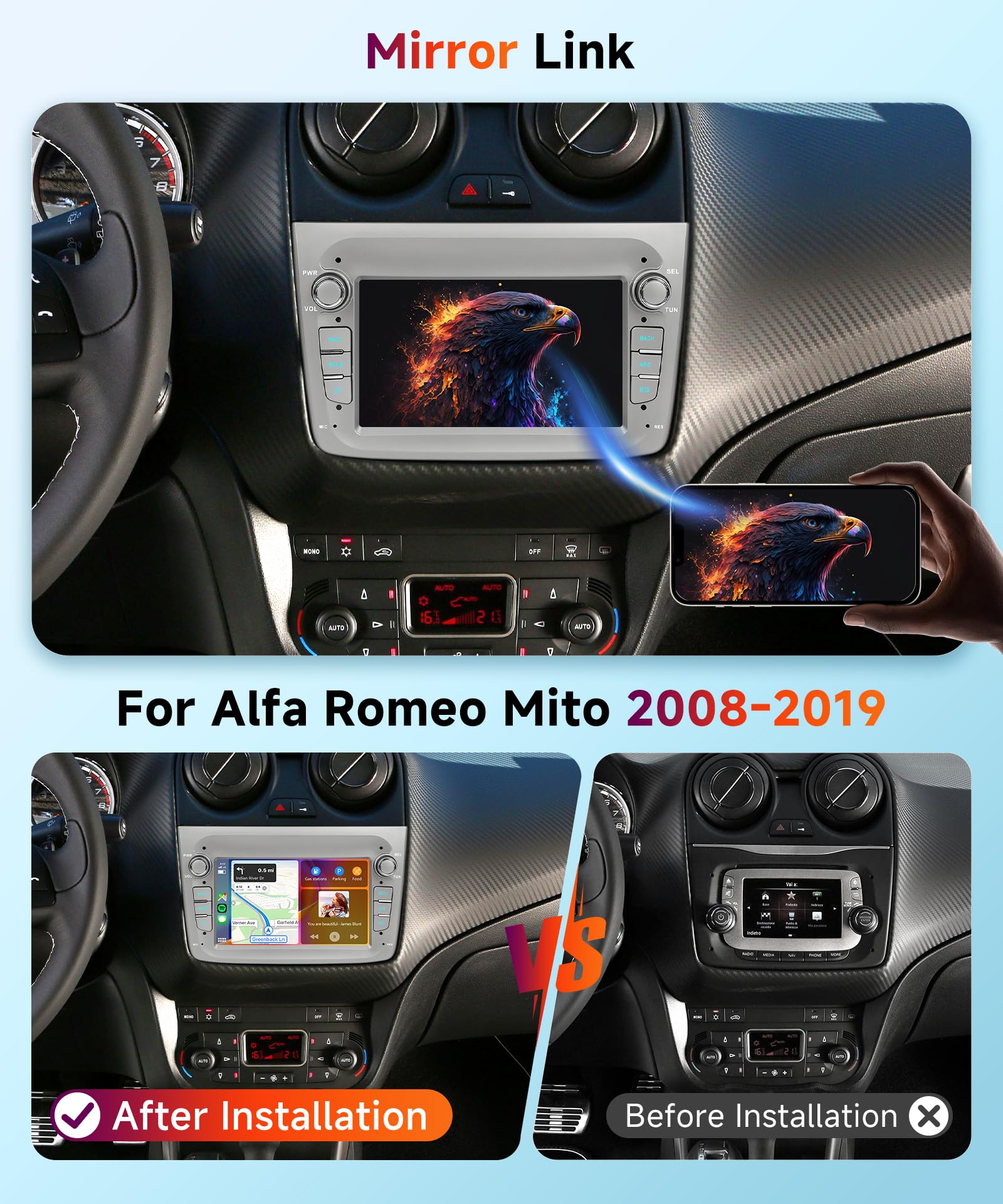 【2+64G】Hodozzy Carplay Autoradio per Alfa Romeo MITO 2008-2016,7 Pollici Stereo auto Bluetooth con Android Auto/WiFi/GPS/RDS/FM/USB+Telecamera Retromarcia