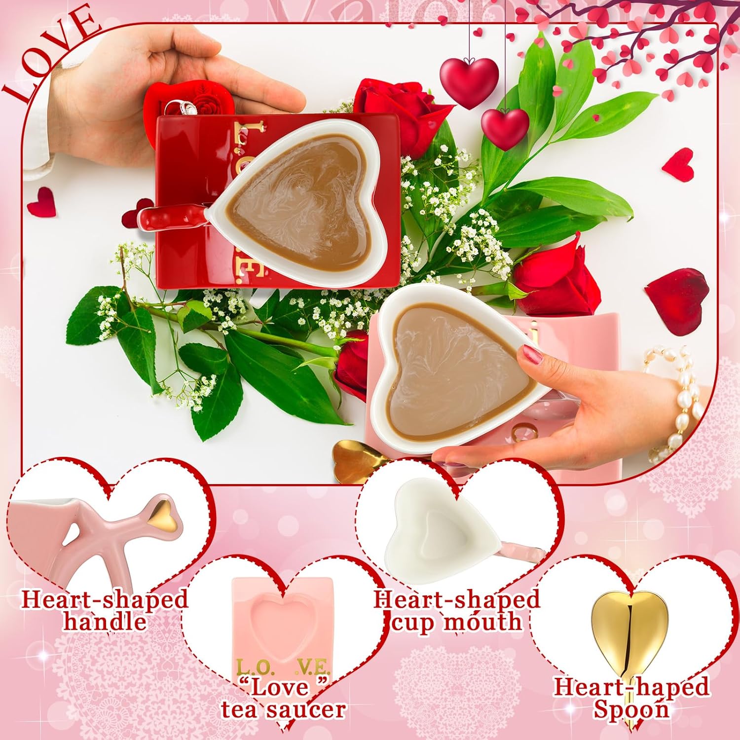 Shellwei 2 Sets Valentine's Day Heart Ceramic Coffee Mug with Spoons and Saucers 5.1 oz Heart Shaped Tea Cup Red Pink Ceramic Coffee Cup Valentine's Day Gifts for Couple Lovers Wedding