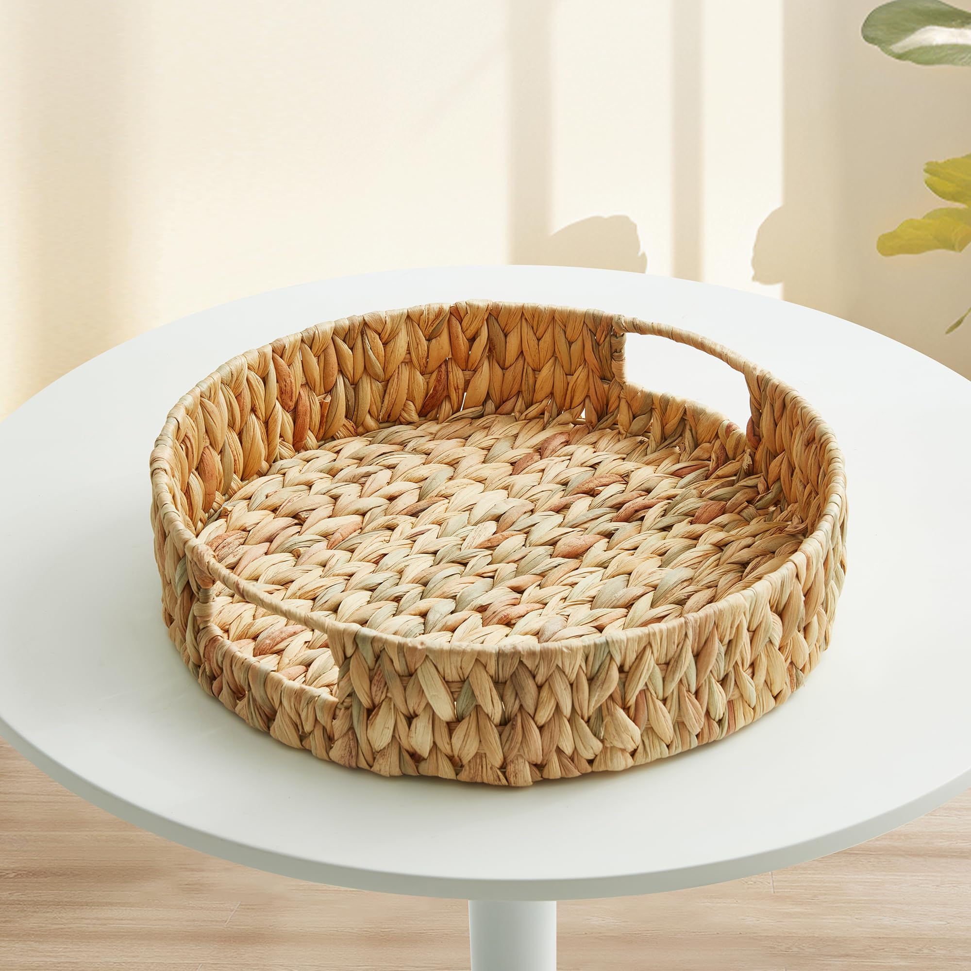 JS Home Handwoven Water Hyacinth Serving Tray, Round Decorative Tray with Handles for Coffee Table, Ottoman, Kitchen Counter, Dining Table Centerpiece & Farmhouse Decor