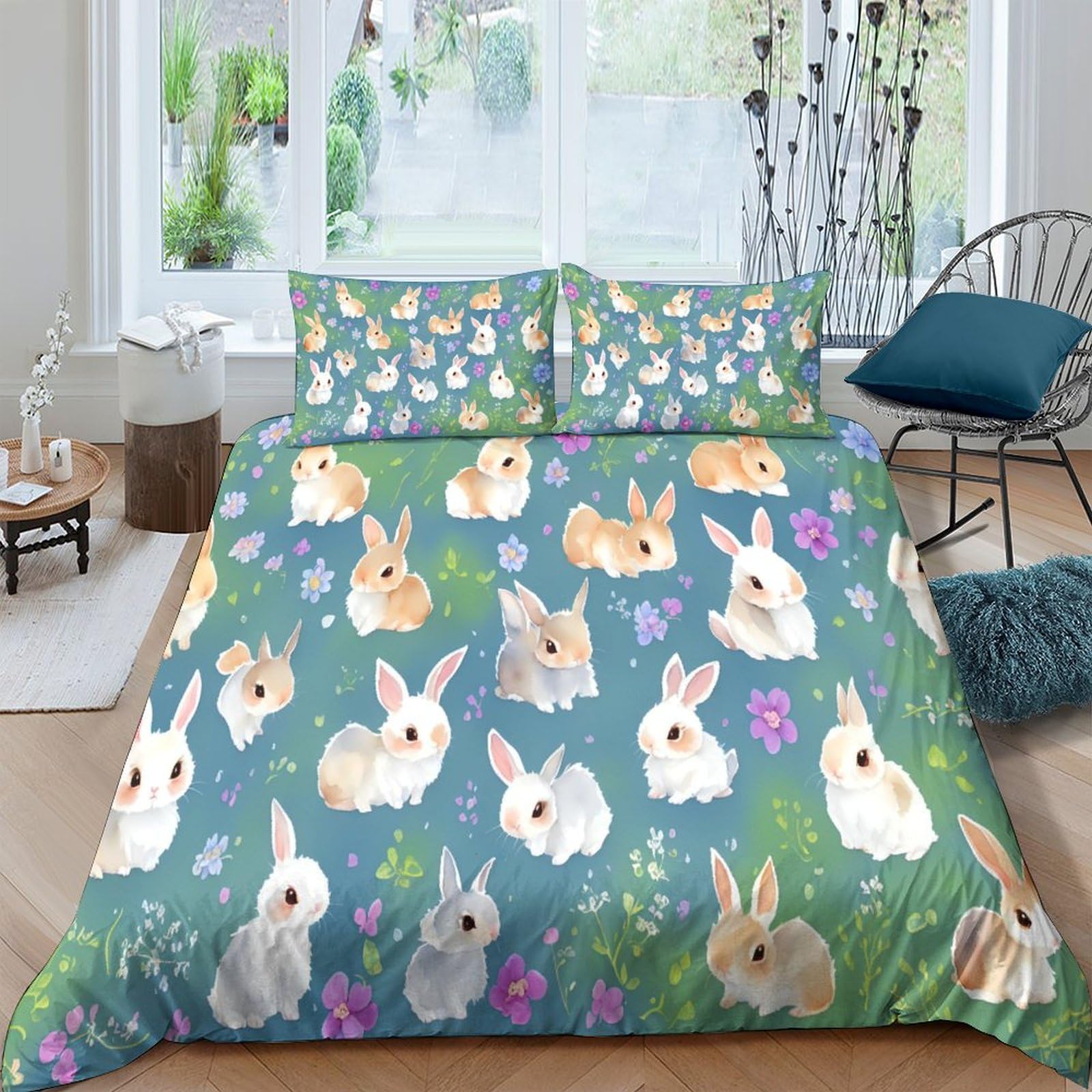 Housse de couette 3D animal lapin fleurs parure de lit 3 pièces double 200x200