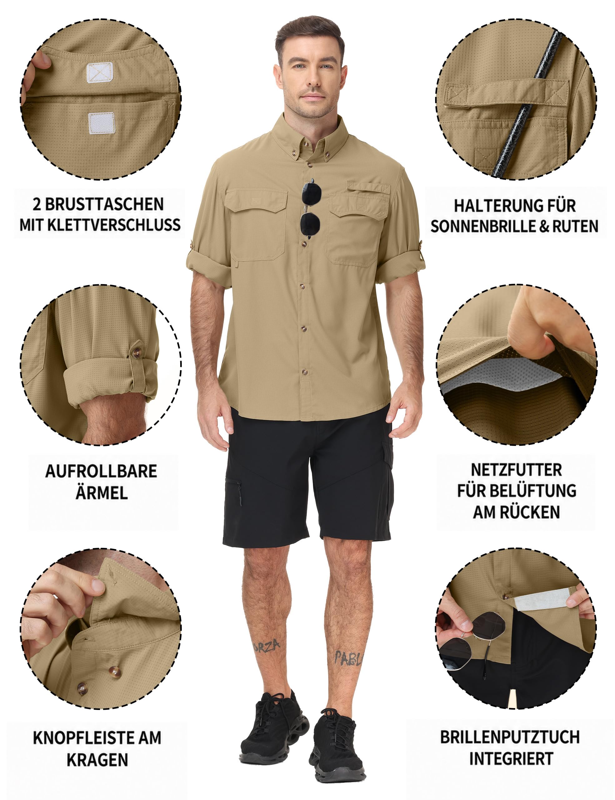 Herren Angelhemd Langarm, UPF 50+ UV-Schutz Funktionshemd Atmungsaktiv Schnelltrocknend, Outdoor Safari Button Down Freizeithemd für Wandern Trekking