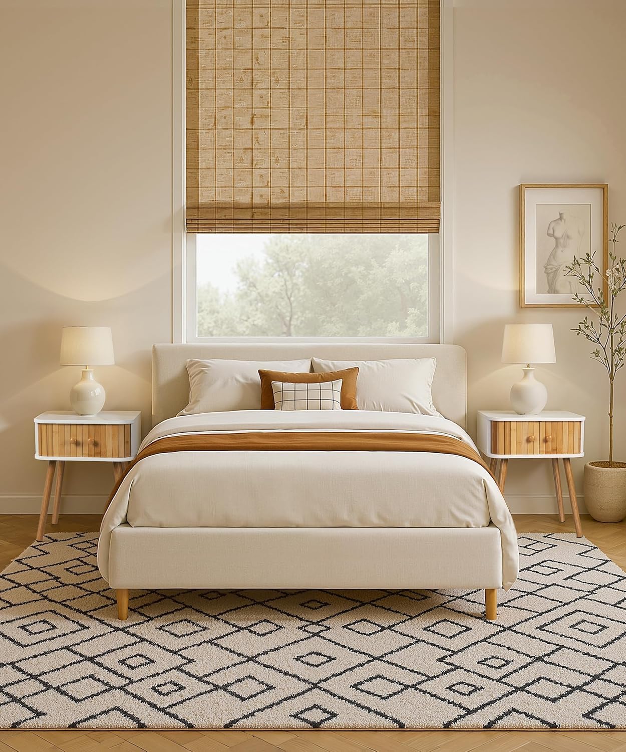 SUMGAR Mesita de Noche Blanca con 2 Puertas de Bambú Mesa Auxiliar Sofa