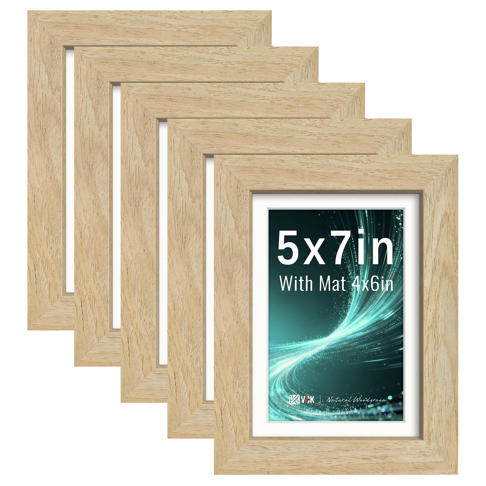 VCK 5x7 Picture Frame 5 Pack, Natural Exclusive Wood, HD Glass, for Photo