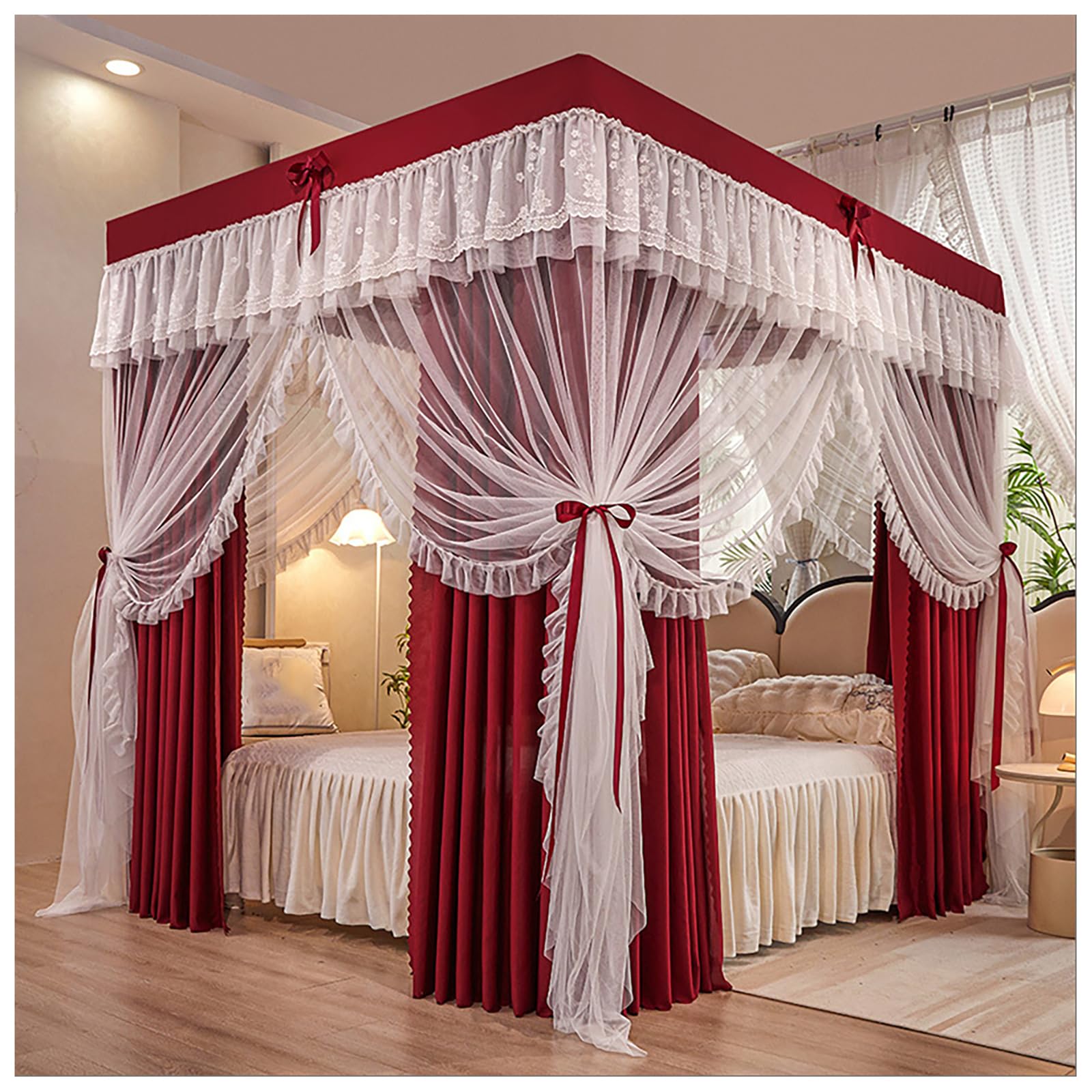 DOUZIO 4 Poster Bed Canopy with Frame – Princess Canopy for Girls Bedroom Decor, Mosquito Net Bed Canopy Set with Curtains, Fits Double/King/Super King Size Bed(Size:150×200cm,Color:Red)