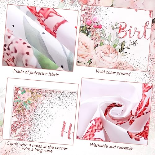 Miniatura 3 de Breling 2 Pcs Pink Happy Birthday Backdrop Banner and Tablecloth for Women Rose Gold Birthday Party Decorations Plastic Floral Table Cover Backdrop