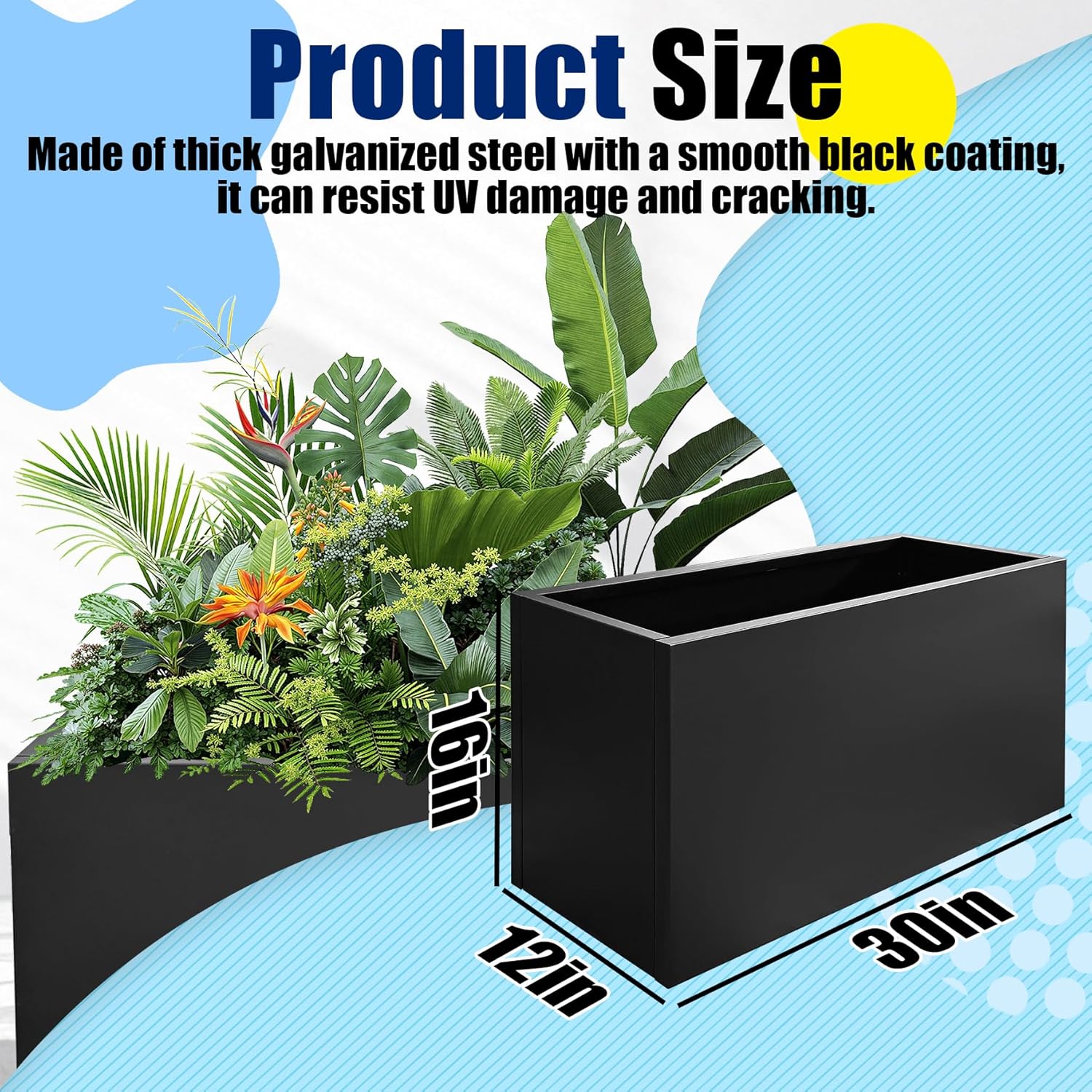 Metal Planter Box for Outdoor Plants 30" x 12" x 16" Large Rectangular Planter Cube Steel Heavy Duty Flower Pot with Insert Shelf and Drainage Holes Suitable for Patio Yard Garden Porch Hotel