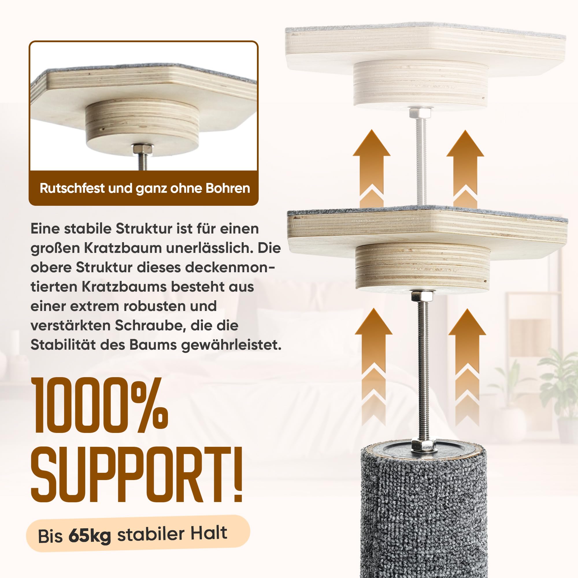 Kratzbaum Deckenhoch mit Hängematte & Kletternetz| Höhenverstellbar 236–270 cm | Kratzbaum Deckenspanner mit 5 Plattformen | Schmal & platzsparender Indoor-Kletterturm aus Holz für Katzen