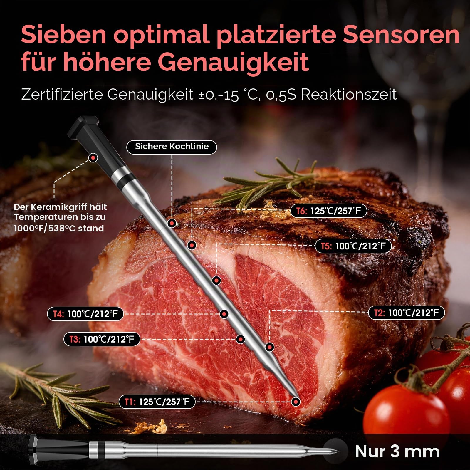 BBQOVN WLAN Bluetooth Fleischthermometer mit Unbegrenzter Reichweite, 7 NIST-zertifizierte Sensoren & Umgebungstemperatur, Kabelloses Thermometer für BBQ, Smoker, Ofen, Grill, Heißluftfritteuse