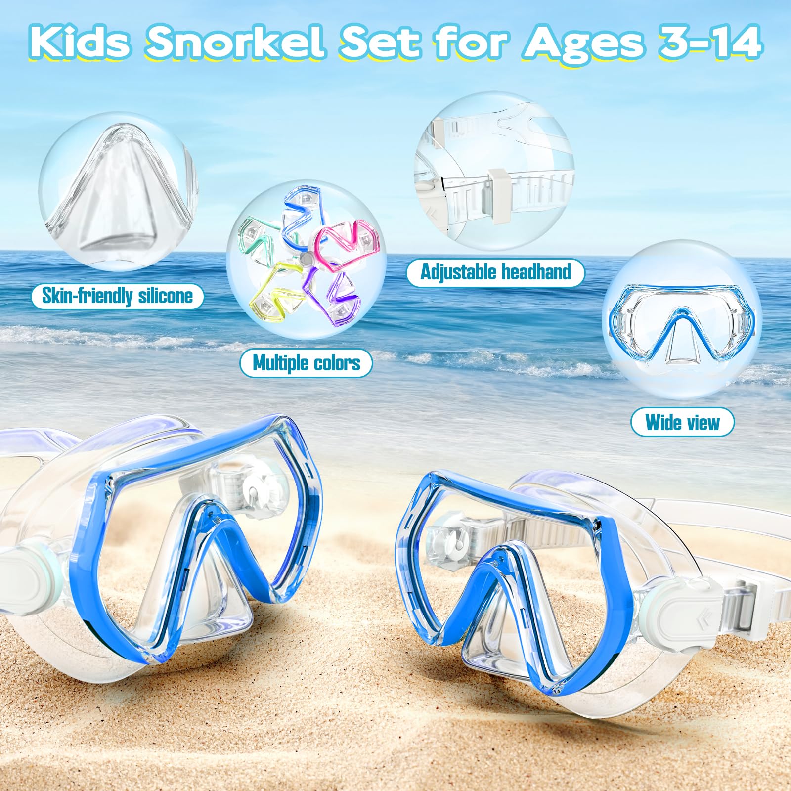 Set da snorkeling per bambini, unisex, maschera da immersione anti-appannamento e boccaglio asciutto, per bambini dai 3 ai 14 anni (blu)