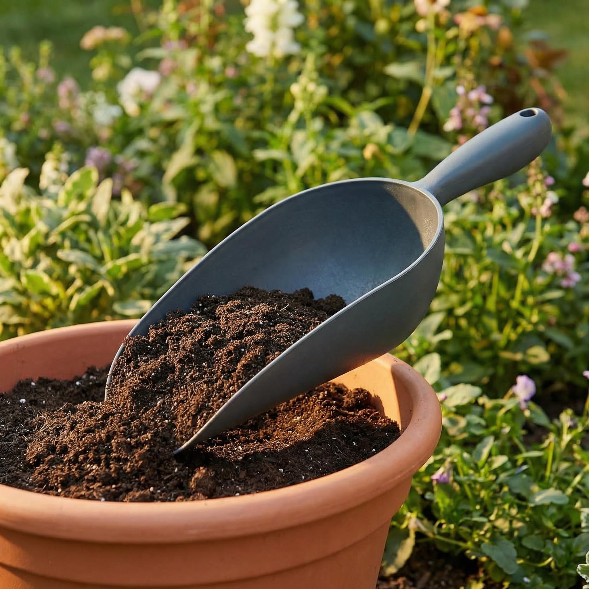Pala multifunzione - Misuratore di mangime per cani e cavalli, pala per giardino, terra e cucina - materiale resistente e forte - cucchiaio dosatore resistente ed ergonomico (grigio)