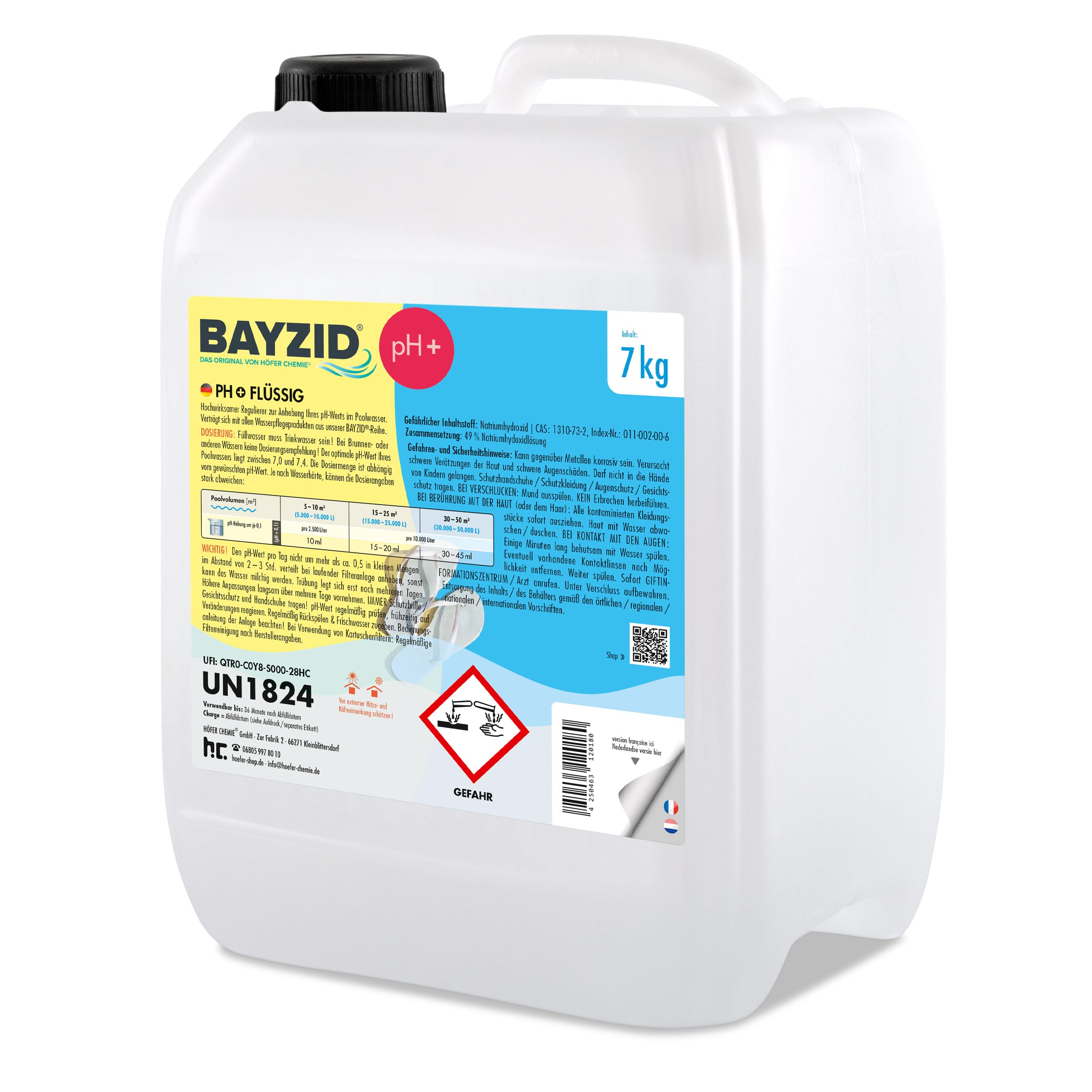 Höfer Chemie 7 kg pH Heber flüssig BAYZID - pH Plus für einen optimalen pH Wert und einwandfreie Wasserqualität im Pool