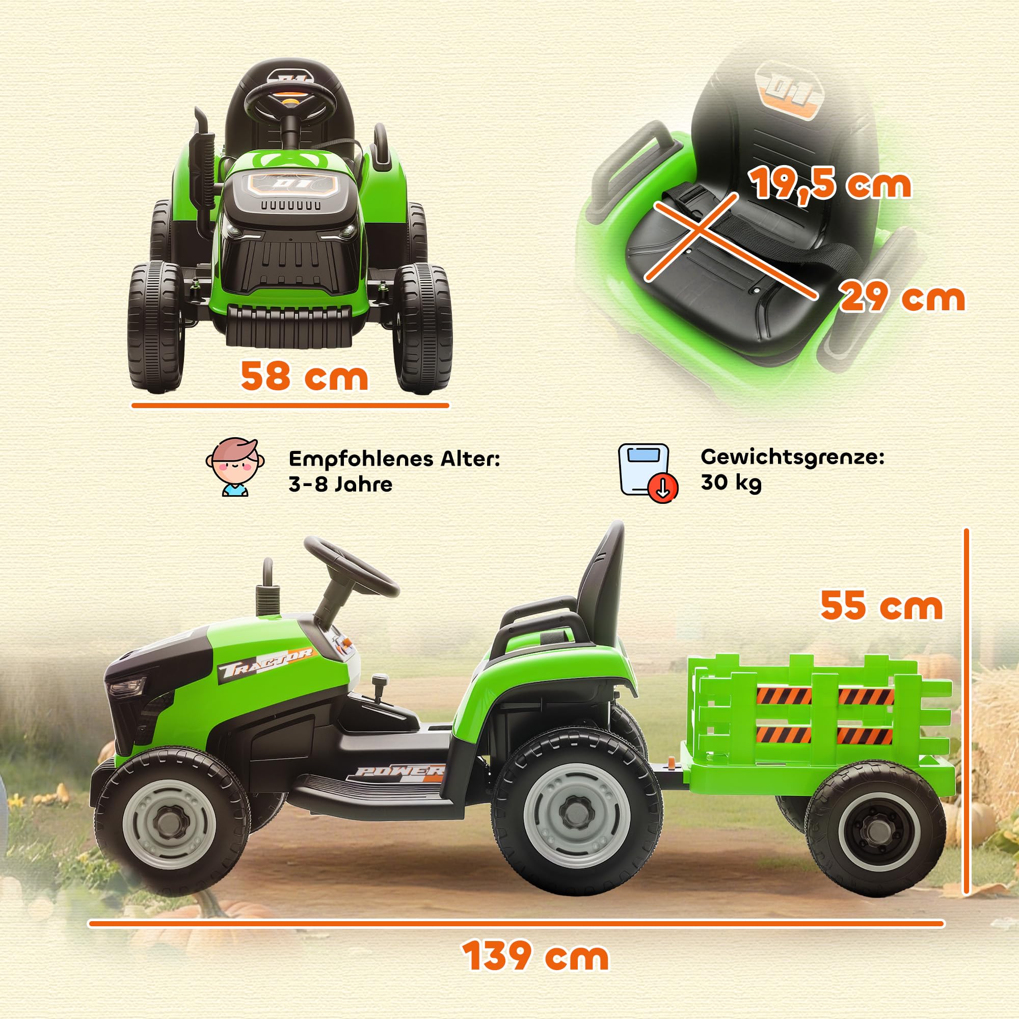 AIYAPLAY Elektrischer Kinder Traktor mit Anhänger, Aufsitztraktor mit Fernbedienung, 2 Motor, 3-Gang Kinder Elektroauto mit Musik, Hupe, Startgeräusch, Sanft Start, 3-5km/h, für 3-8 Jahre, Grün