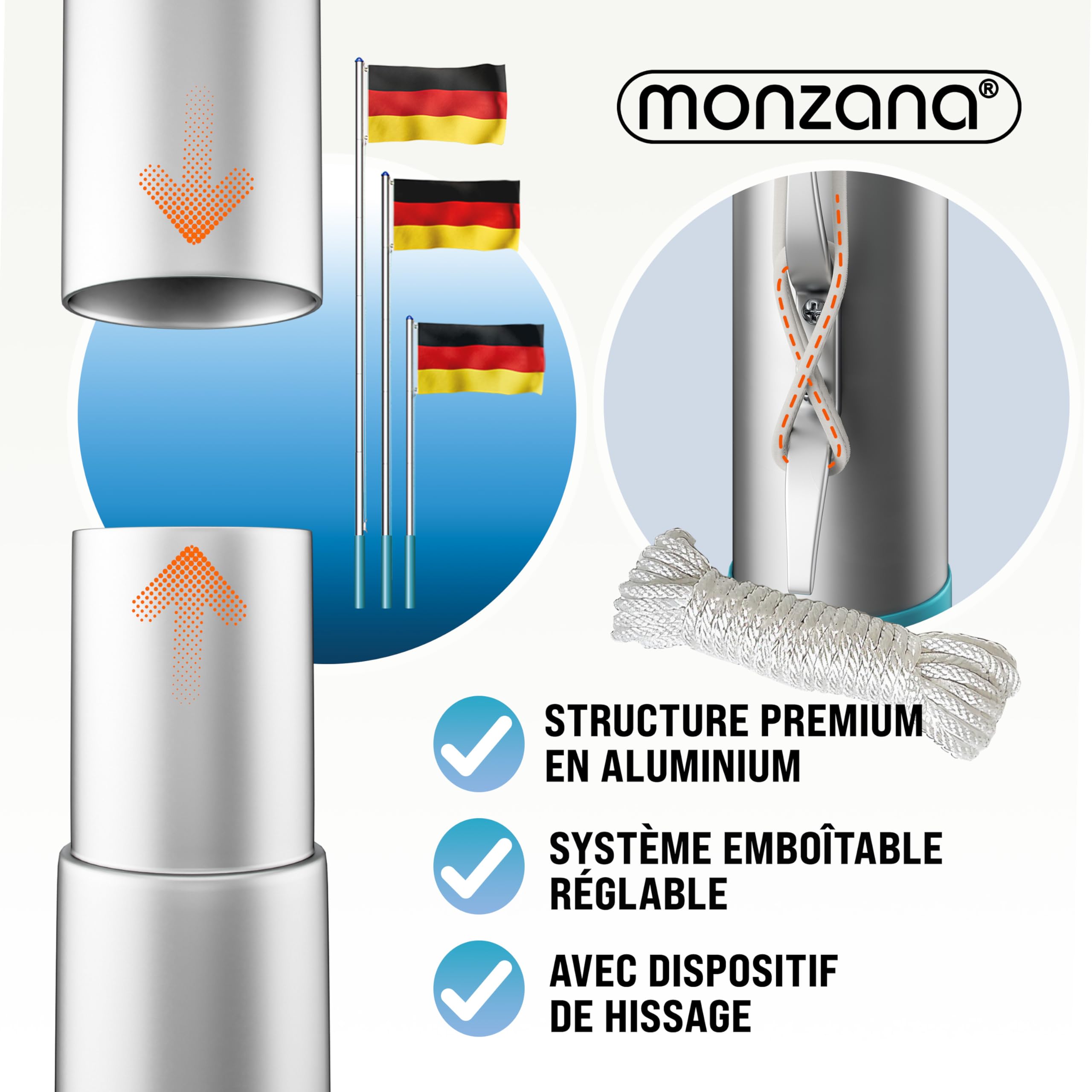 MONZANA® Mât de Drapeau Télescopique en Aluminium 6,5m - Cordelette de Hissage avec Douille de Sol, Réglable en Hauteur pour Jardin France