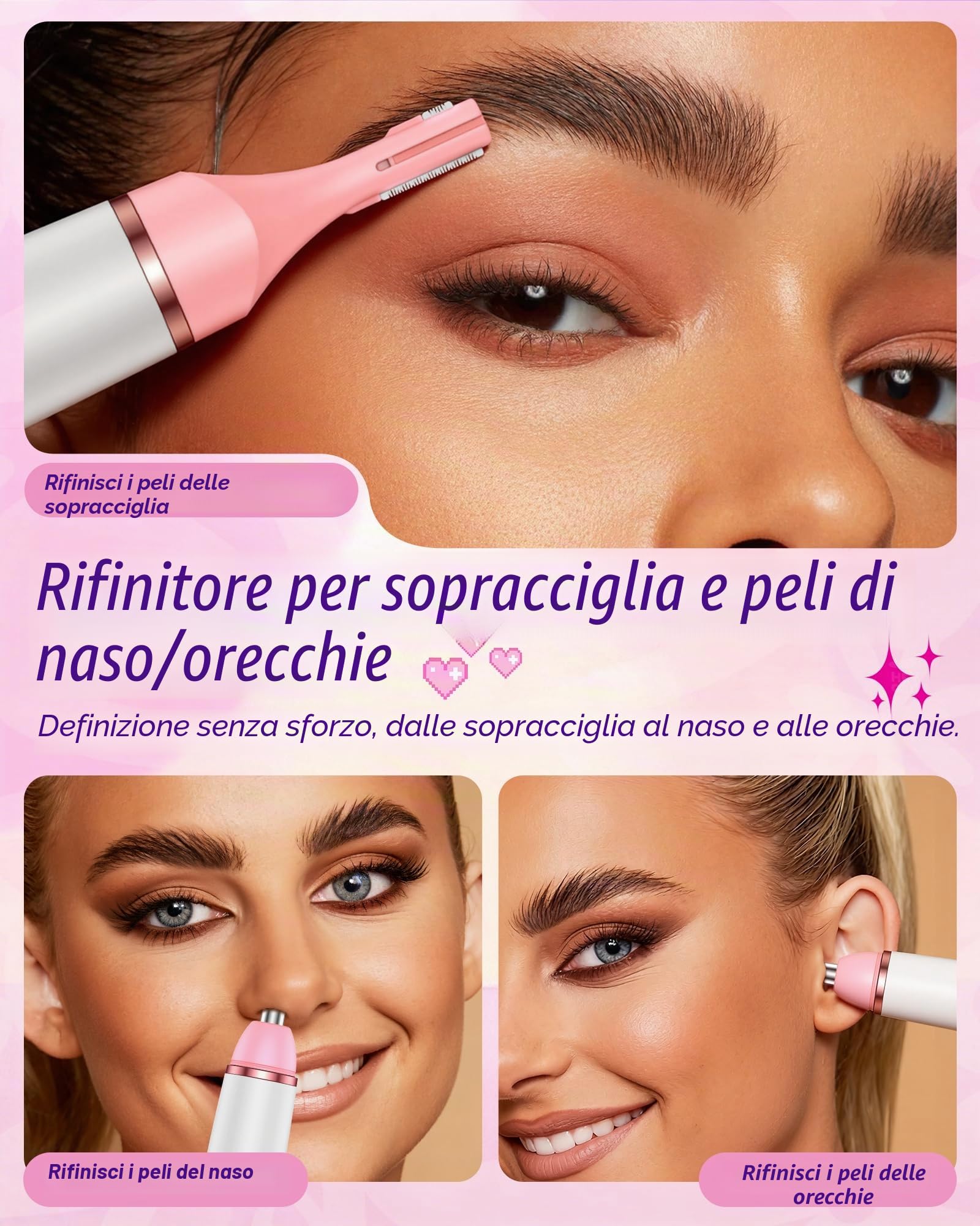 Rasoio Elettrico Donna Parti Intime: 4 in 1 Indolore Depilatore Corpo Donna per Viso, Corpo, Sopracciglia, Gambe e Ascelle, Uso Bagnato e Asciutto, Senza Filo, USB-C Ricaricabile con Borsa, Regalo